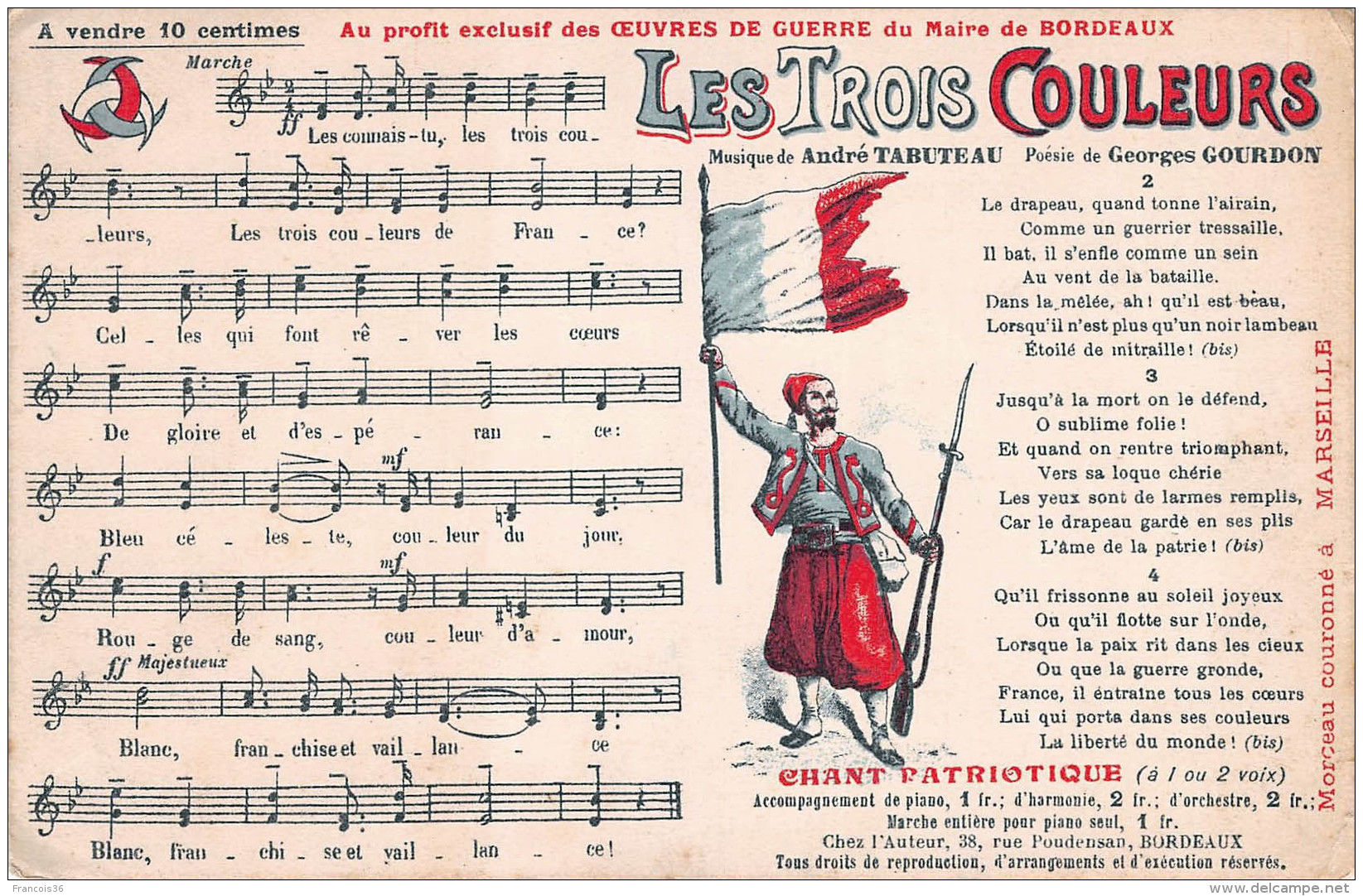 (33) Carte Pub Publicité - BORDEAUX - OEuvres De Guerre - Trois Couleurs - Chant Patriotique - Bordeaux