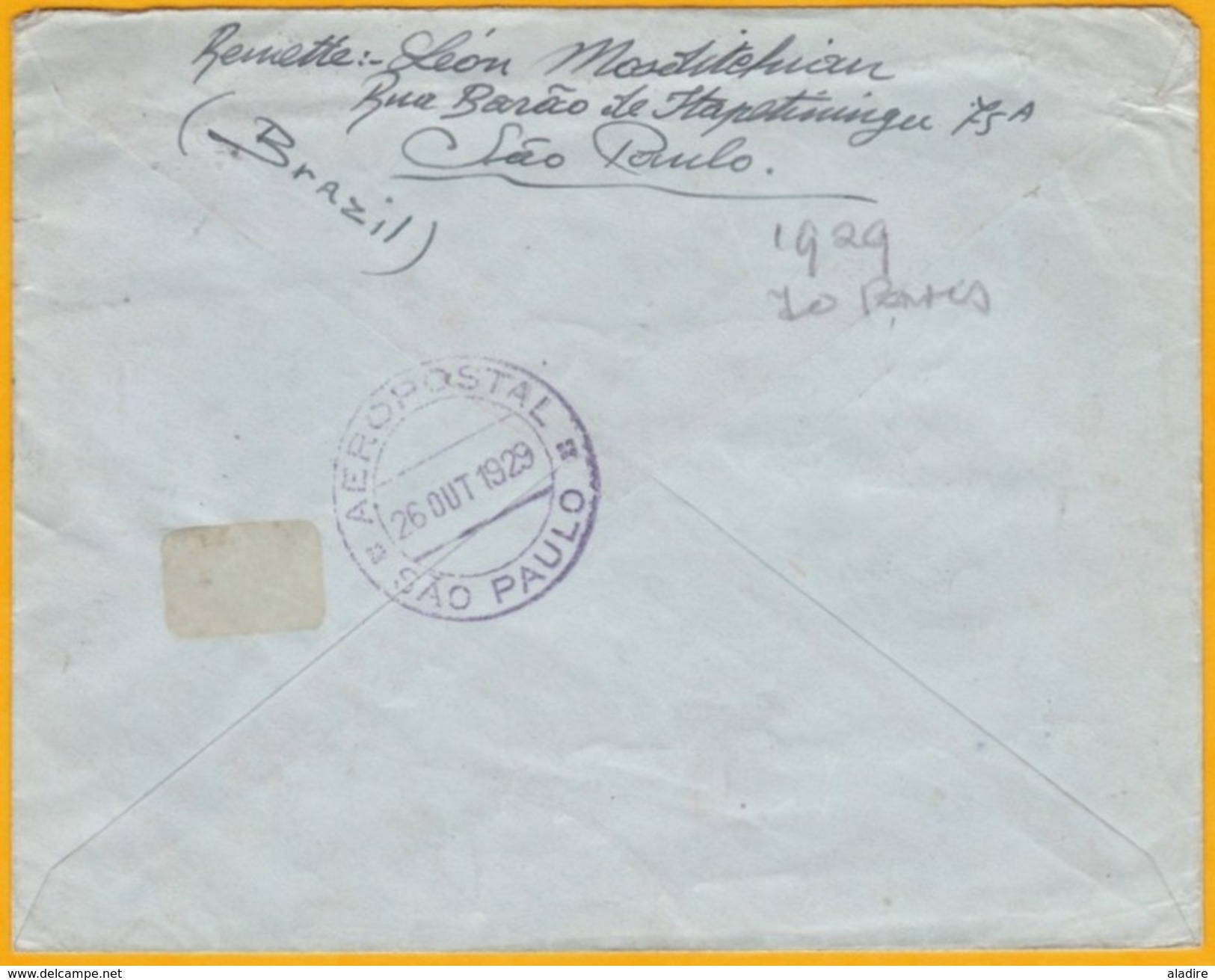 1929 - Enveloppe  Par Avion De Sao Paulo, Brésil Vers Paris, France - LIGNE MERMOZ  - Aéropostale,  Timbre Surchargé PA - Aéreo (empresas Privadas)