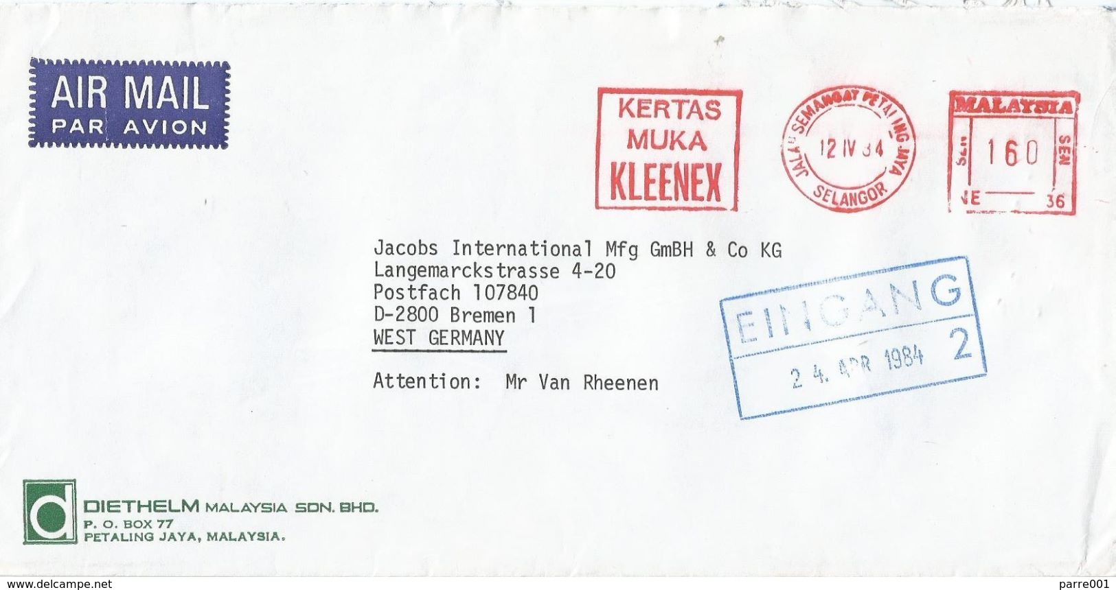 Malaysia 1984 Selangor Meter Franking Value Sen Neopost “205” NE36 Kleenex Slogan EMA Cover - Maleisië (1964-...)