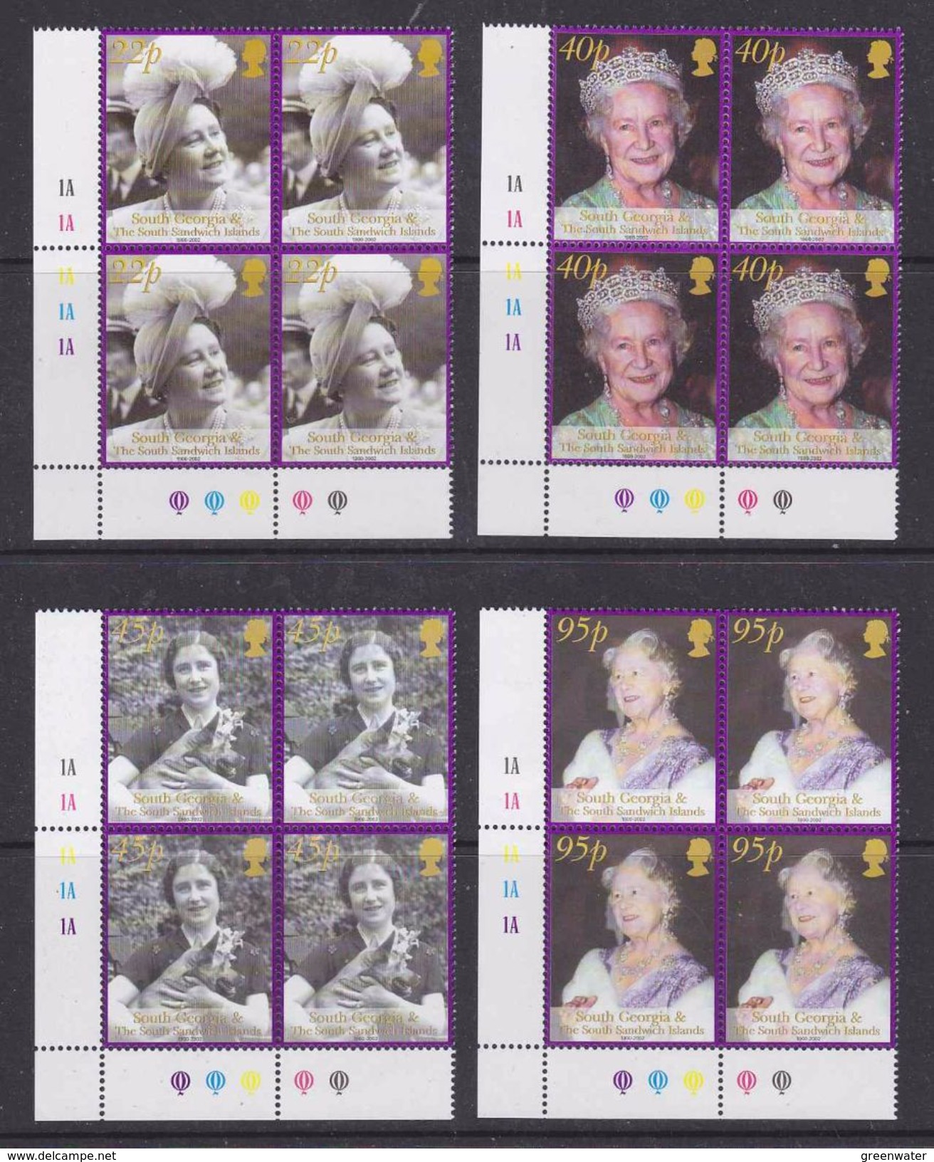 South Georgia 2002 Queen Mother 4v Bl Of 4 (corner)  ** Mnh (37018A) - Zuid-Georgia