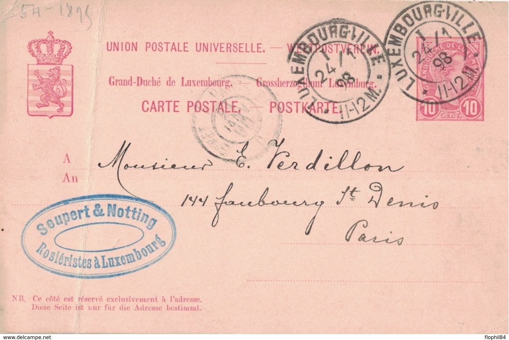 LUXEMBOURG - ENTIER POSTAL - LUXEMBOURGVILLE - 24-1-1898 (P1) - Interi Postali