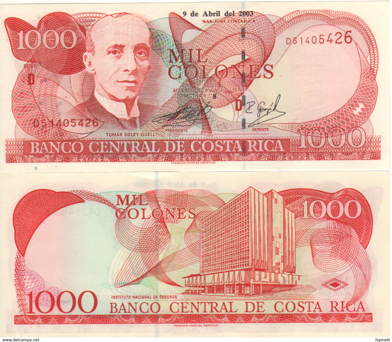 COSTA RICA   1'000  Colones   P264d  Dated  9-4-2003  UNC - Costa Rica