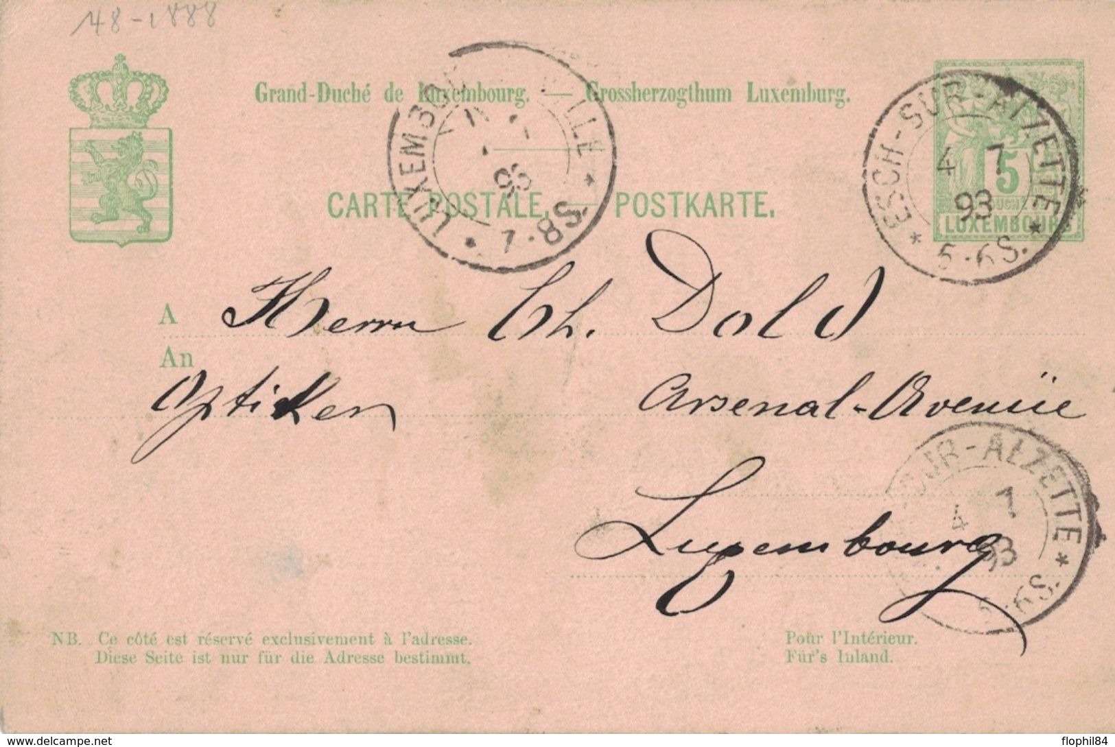 LUXEMBOURG - ENTIER POSTAL - ESCH-SUR-ALZETTE - 4-7-1893 (P1) - Postwaardestukken