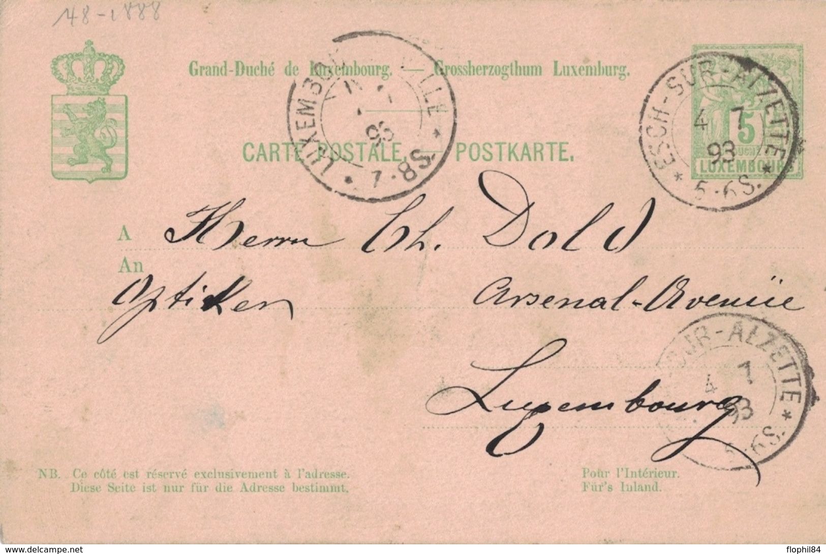 LUXEMBOURG - ENTIER POSTAL - ESCH-SUR-ALZETTE - 4-7-1893 (P1) - Stamped Stationery