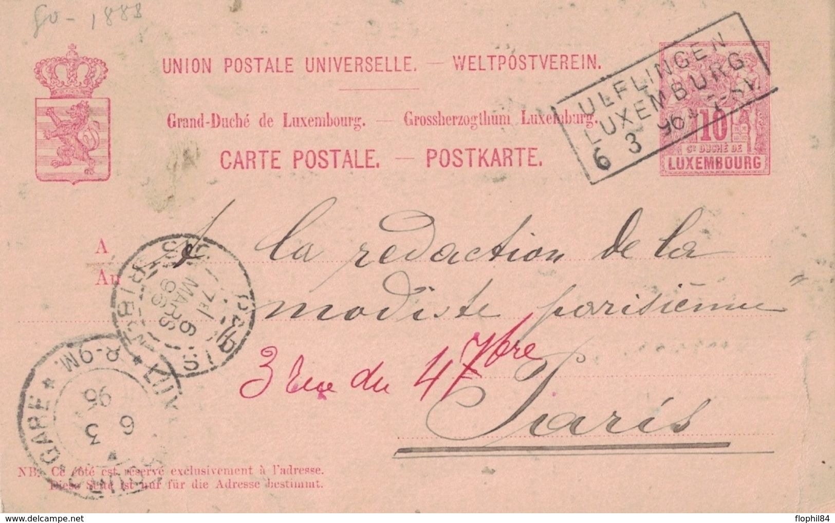 LUXEMBOURG - ENTIER POSTAL - ULFLINGEN - 6-3-1896 (P1) - Postwaardestukken