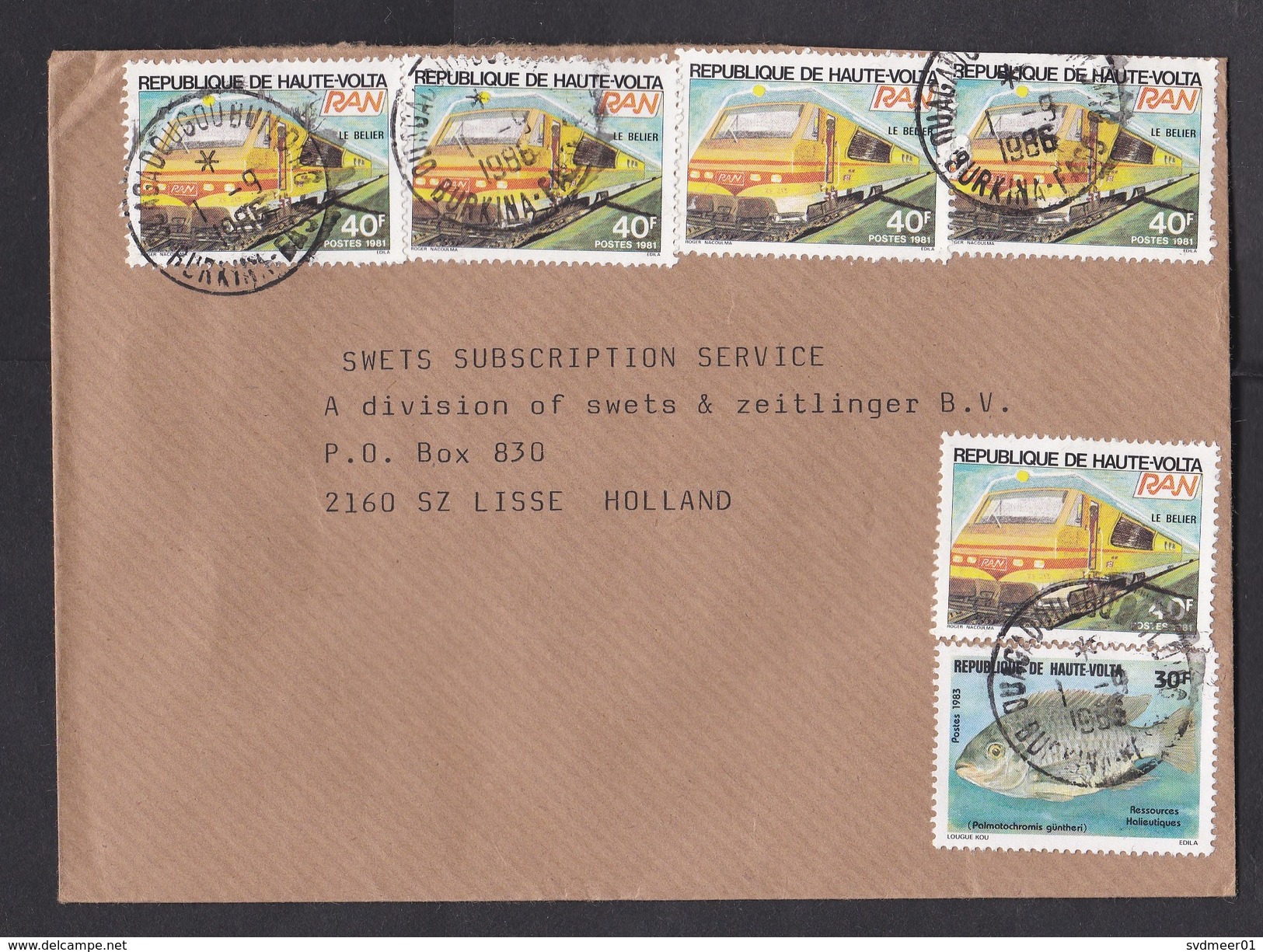 Upper Volta: Cover To Netherlands, 1986, 6 Stamps, RAN Train, Locomotive, Fish (1 Stamp Damaged) - Opper-Volta (1958-1984)