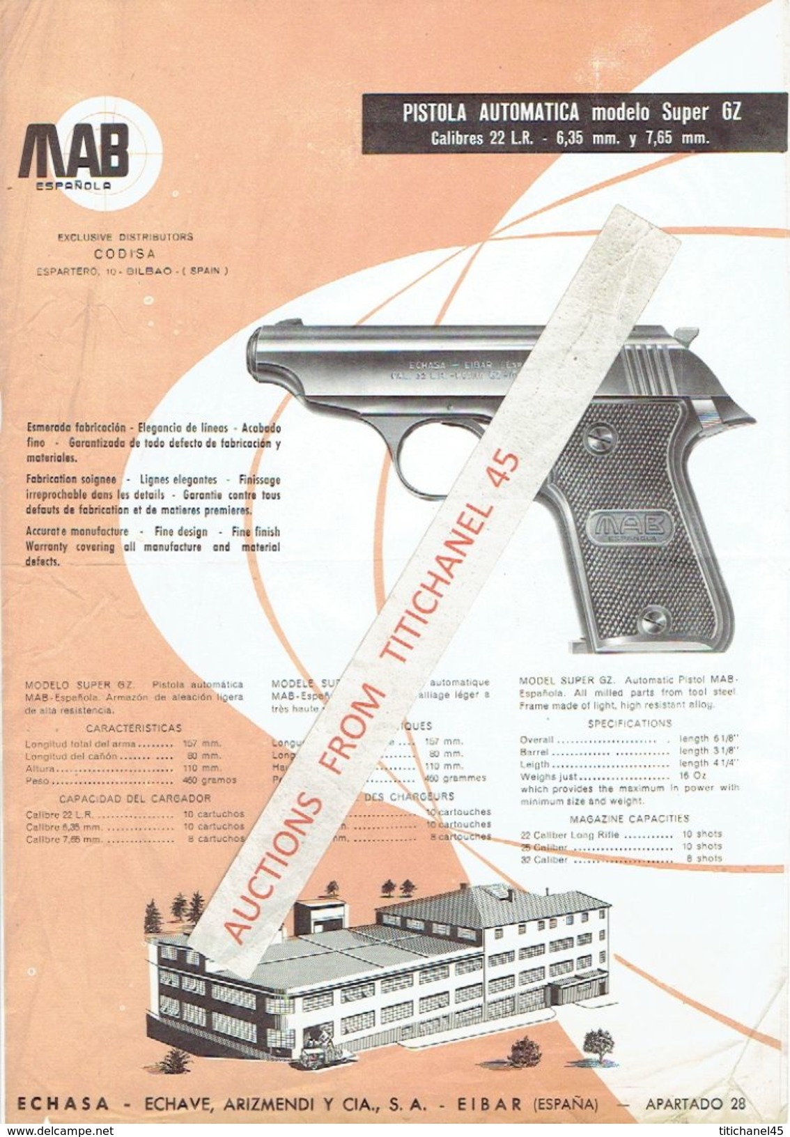 Publicité De La MAB  Espanola ECHASA EIBAR (ESPANA) - Pistolet MAB Super GZ Calibre 22 L.R. - 6,35 Mm & 7,65 Mm - Armes Neutralisées