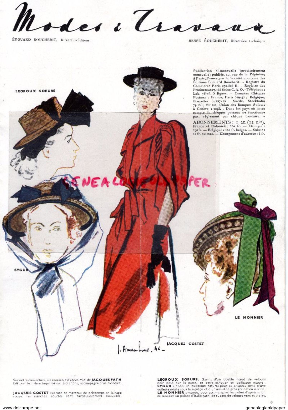 REVUE MODES & TRAVAUX- MAI JUIN 1946- N° 552- MODE-COSTET-LE MONNIER-SYGUR-LEGROUX -LANVIN-MAGGY ROUFF-ROCHAS-LELONG - Fashion