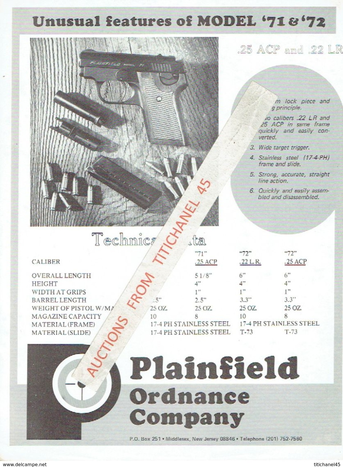 Publicité Originale PLAINFIELD MODELS 71 & 72 Automatic Pistols In Calibers .25 ACP And .22 LR - PLAINFIELD ORDNANCE CY - Armi Da Collezione