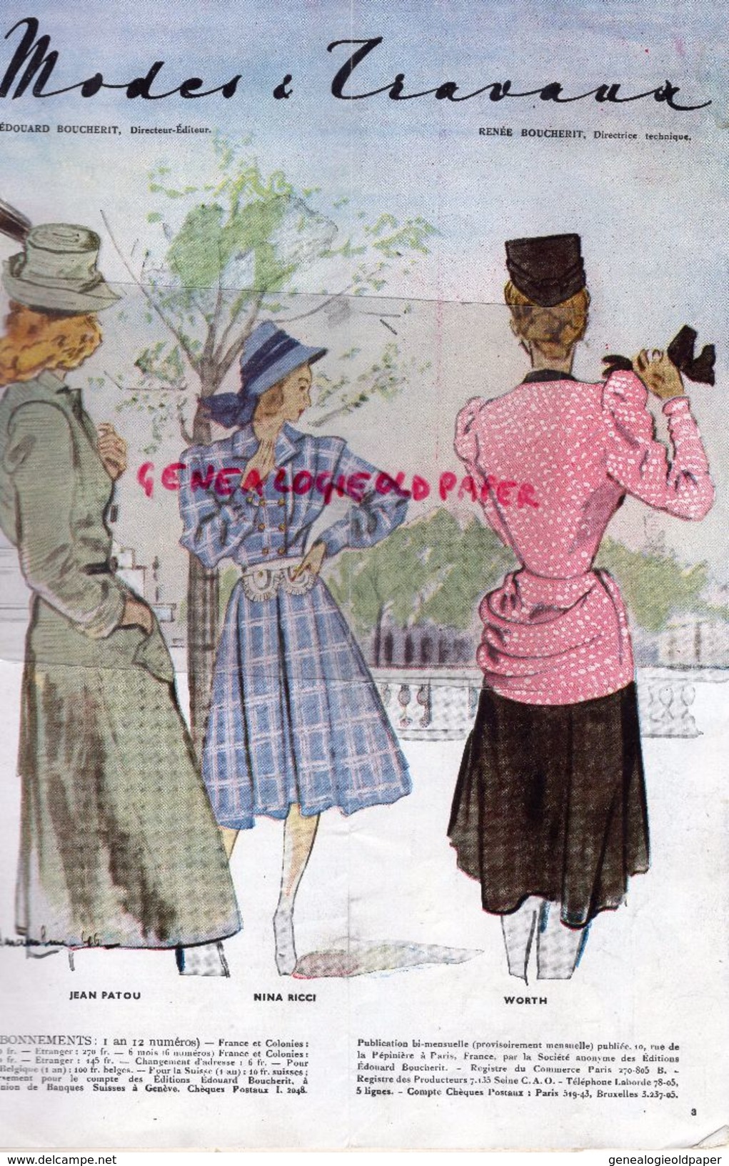 REVUE MODES & TRAVAUX- AVRIL 1946- N° 551- NINA RICCI-WORTH-JEAN PATOU  MODE - Mode