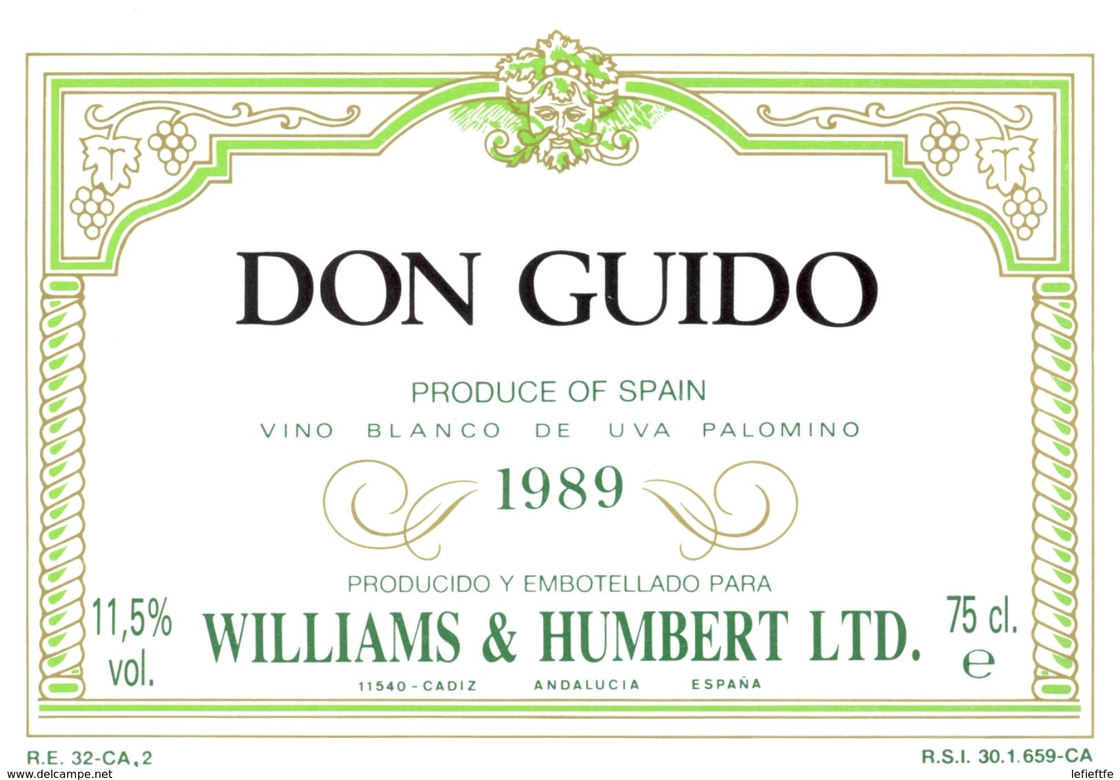 1362 - Espagne - Andalousie - 1989 - Don Guido - Vino Blanco De Uva Palomino - Williams & Humbert - Cadiz - Blancs