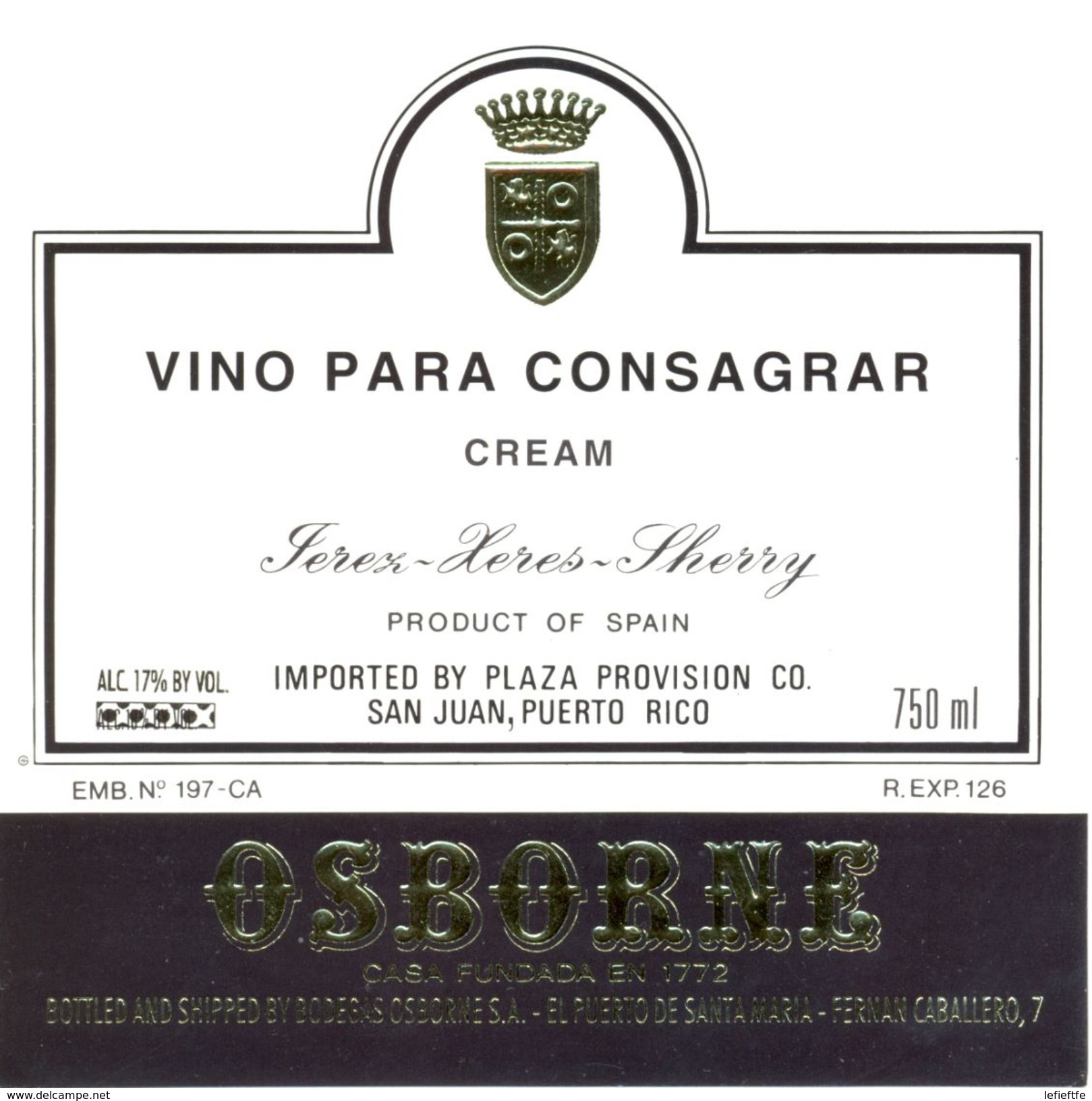 1363 - Espagne - Andalousie - Vino Para Consagrar - Cream - Sherry - Imported By Plaza Provision Co. San Juan Puerto Ric - Vino Bianco