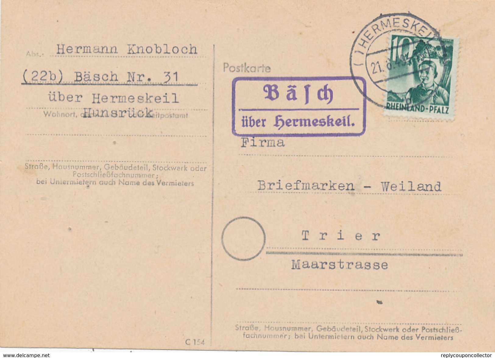 BÄSCH über Hermeskeil - 1949  ,  Landpoststempel , Postnebenstempel - Other & Unclassified