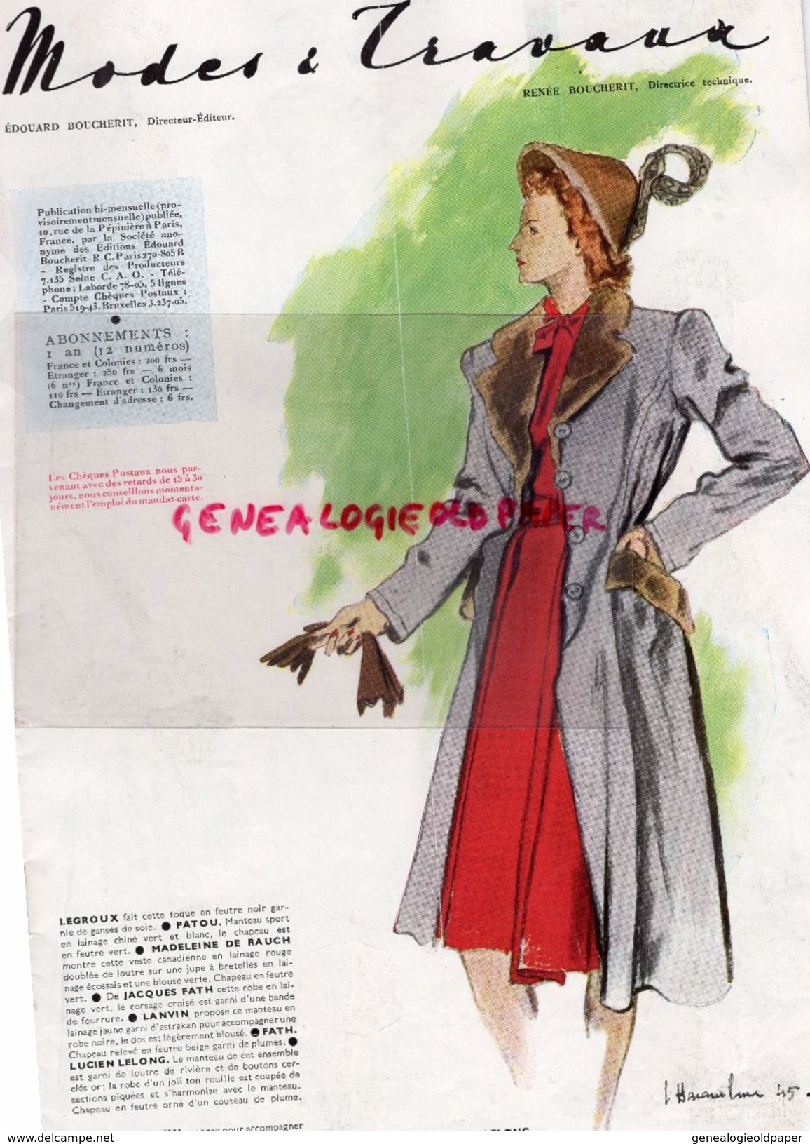 REVUE MODES & TRAVAUX-NOV. DECEMBRE 1945- N° 547-GUERRE MODE-JACQUES FATH-LUCIEN LELONG-LANVIN-MADELEINE DE RAUCH - - Mode