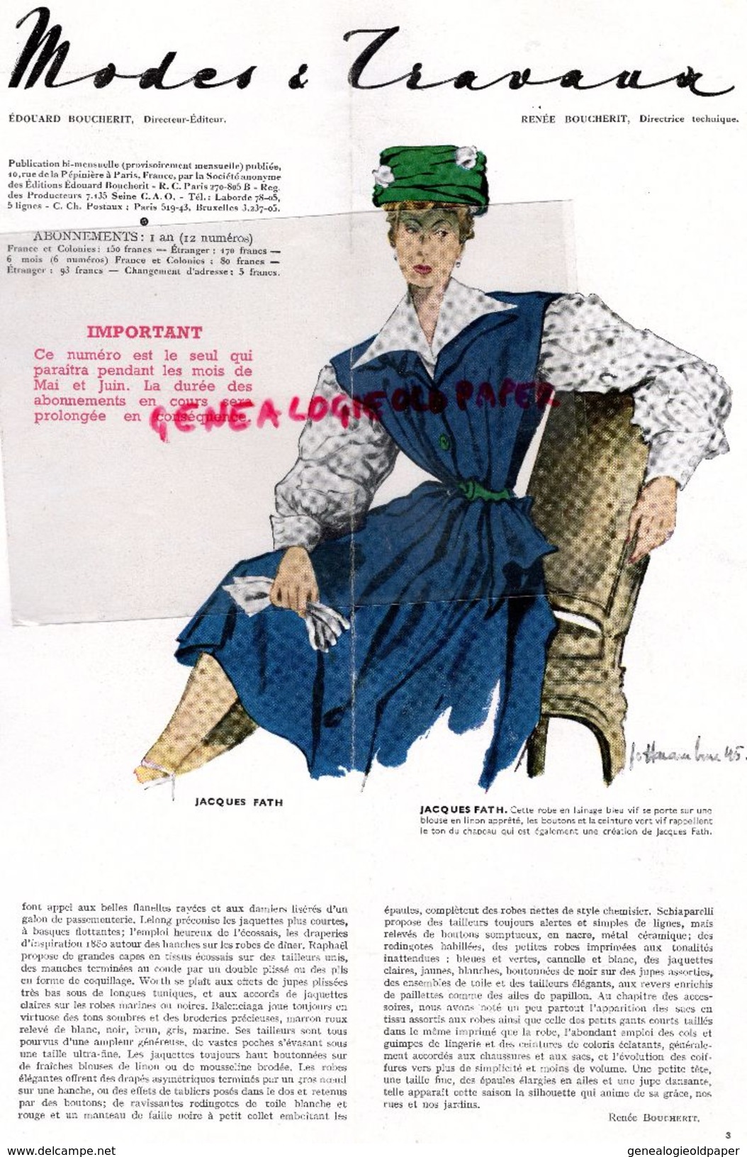 REVUE MODES & TRAVAUX-MAI-JUIN 1945- N° 547-GUERRE MODE-JACQUES FATH-GABRIELLE-LEGROUX-CLAUDE SAINT CYR-COLOMBIER - Moda