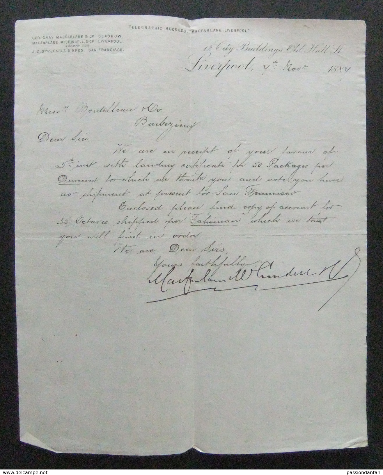 Correspondance Commerciale Datée De 1887 - Maison Macfarlane & Co. Sise City Buildings Old Hall Street à Liverpool - Royaume-Uni