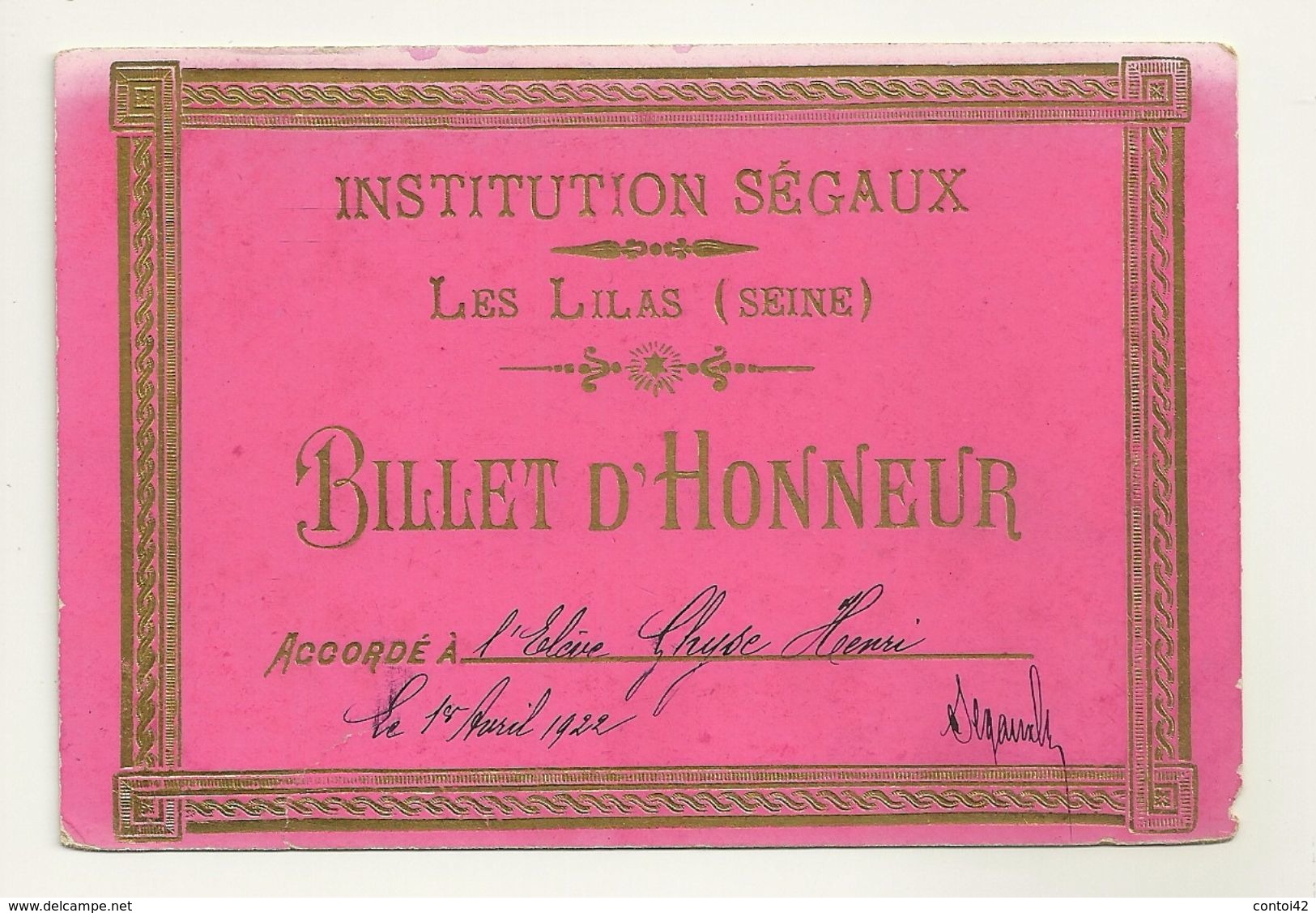 93 LES LILAS INSTITUTION SEGAUX BILLET D' HONNEUR AVRIL 1922 SEINE SAINT DENIS - Collections