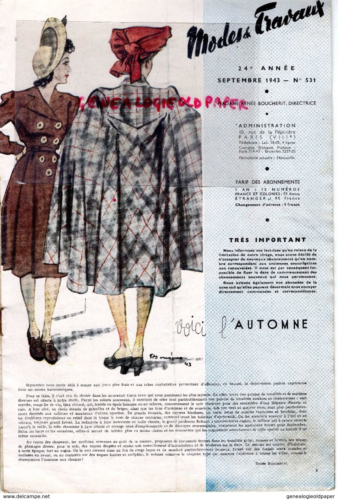 REVUE MODES & TRAVAUX-SEPTEMBRE 1943- N° 531- ANNY BLAT-CHAPEAU-LANVIN-WORTH-SYGUR-ALBOUY- MODE - Fashion