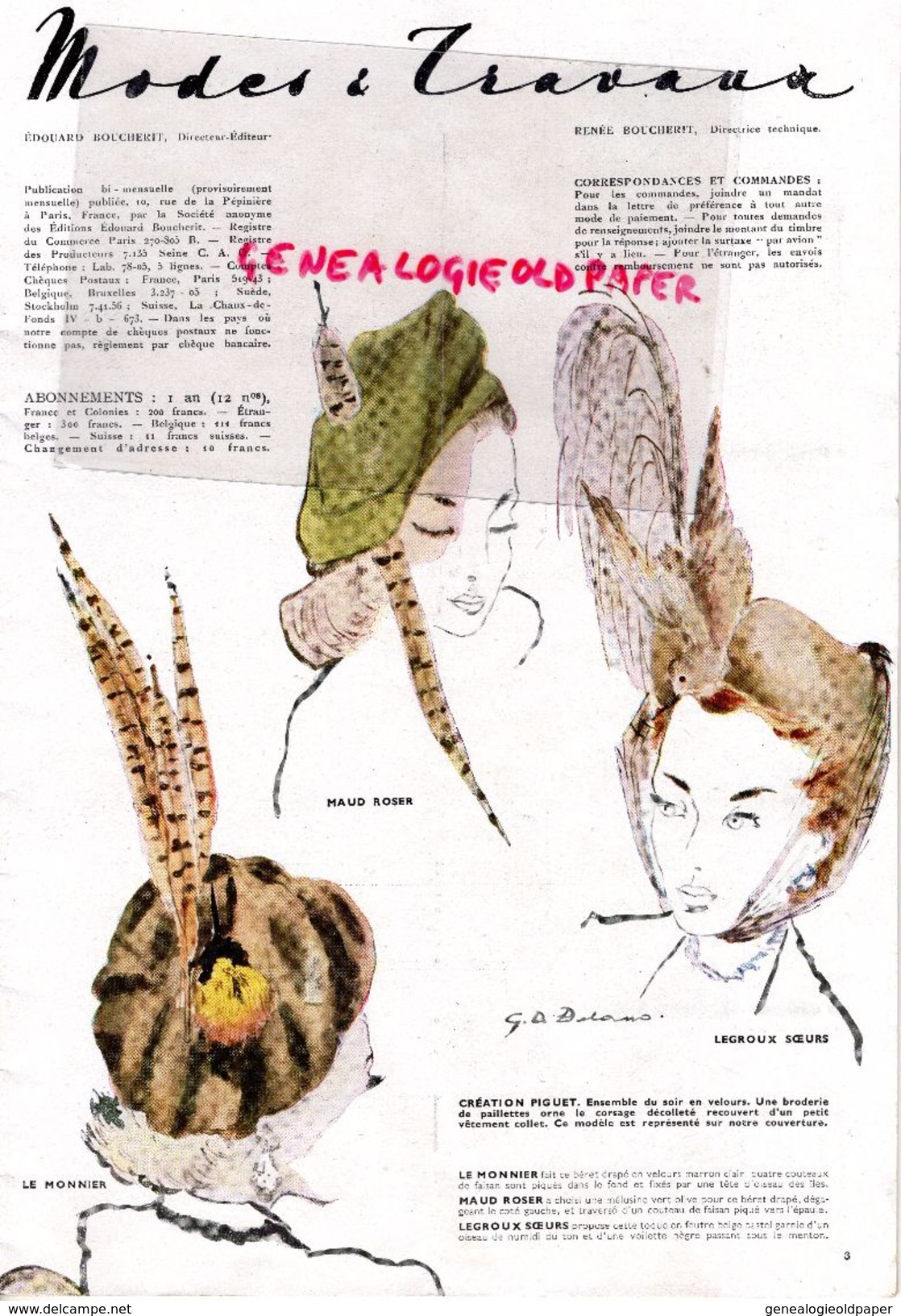 REVUE MODES & TRAVAUX-NOVEMBRE 1947- N° 564- CHAPEAU MAUD ROSE-LEGROUX-LE MONNIER  MODE - Mode