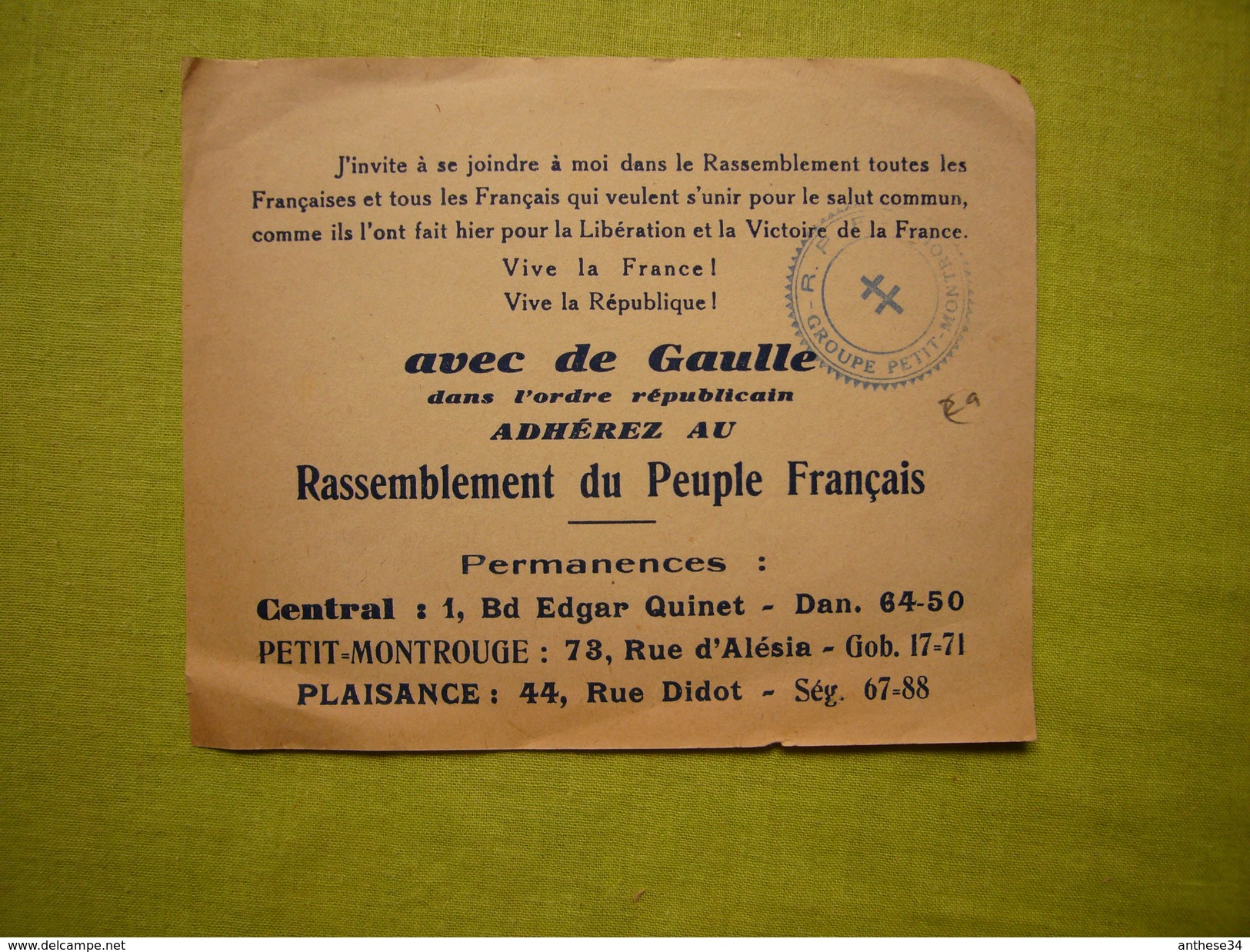 Tract Politique Avec De Gaulle Adhérez Au RPF Tampon Croix De Lorraine Format Cpa - Documents Historiques