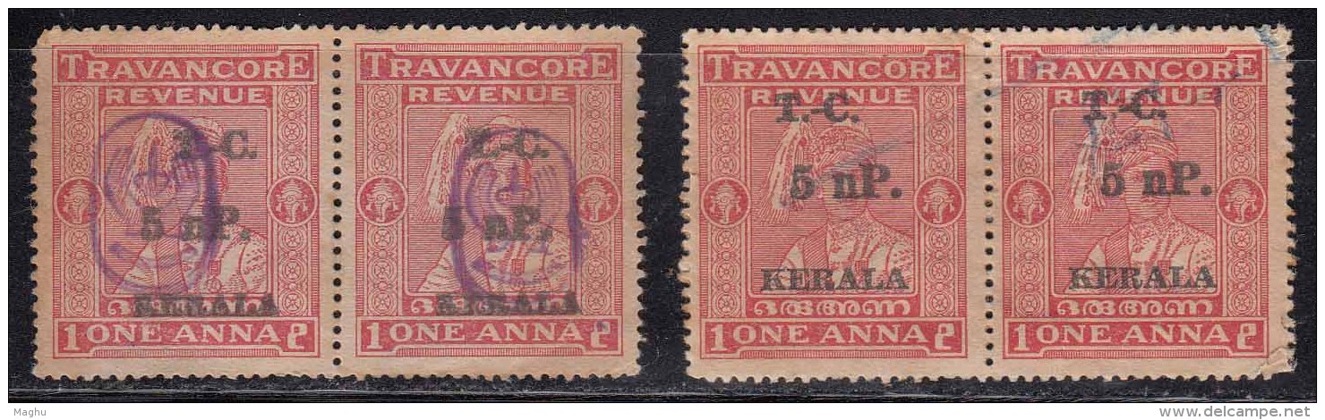 2 Pairs Used Revenue / Fiscal Used,  Travancore Cochin T.C. Overprint On One Anna, British India - Travancore-Cochin
