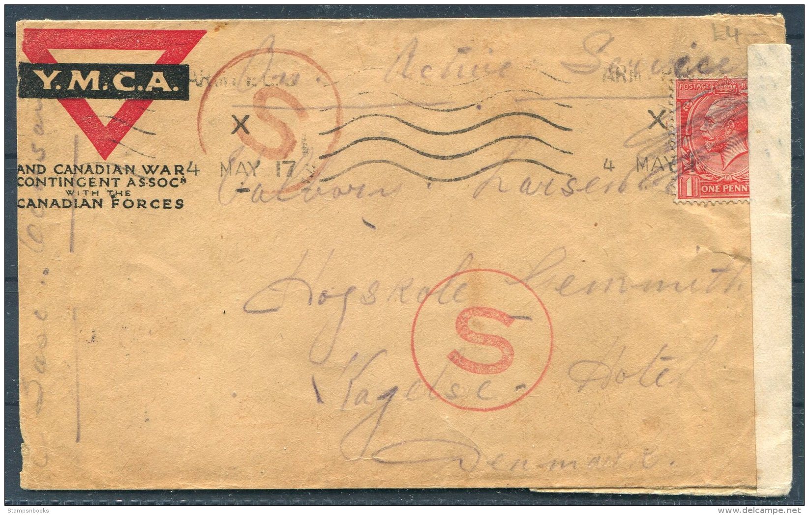 1917 GB Y.M.C.A. Canada Canadian Forces O.A.S. Field Post Office FPO 'S' Censor Cover - Denmark - Lettres & Documents