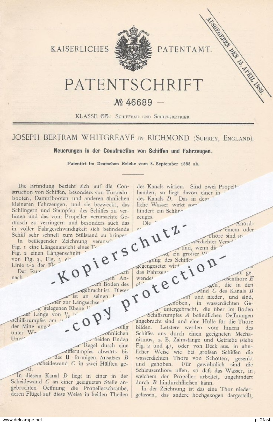 Original Patent - Joseph Bertram Whitgreave , Richmond , Surrey , England , 1888 , Schiff U. Fahrzeug | Boot , Torpedo ! - Historical Documents