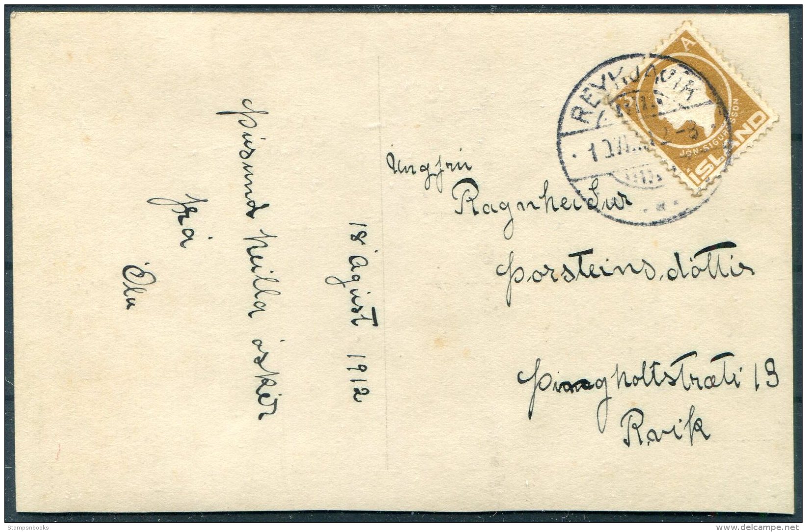 1912 Iceland Beauty Postcard 3 Aur Jon Sigurdsson Reykjavik Local Useage - Briefe U. Dokumente