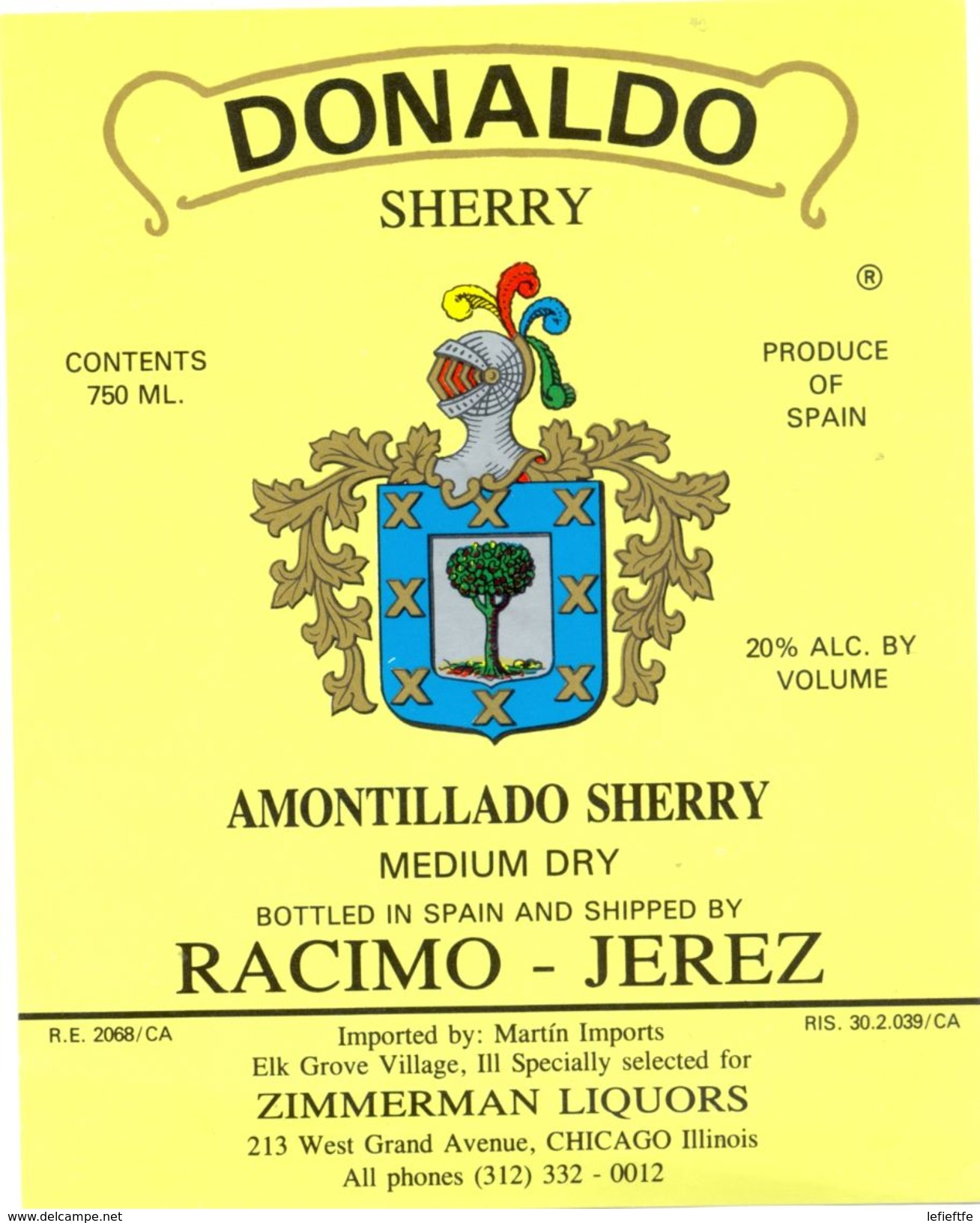 1368 - Espagne - Andalousie - Donaldo - Amontillado Sherry Medium Dry - Racimo - Jerez Pour Zimmerman Liquors Chicago - Autres & Non Classés