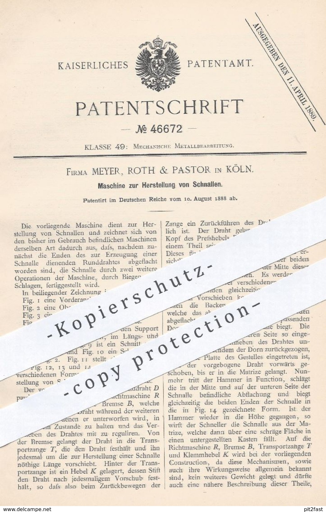 Original Patent - Meyer , Roth & Pastor , Köln , 1888 , Herstellung Von Schnallen | Schnalle Aus Draht | Metall !!! - Historische Dokumente