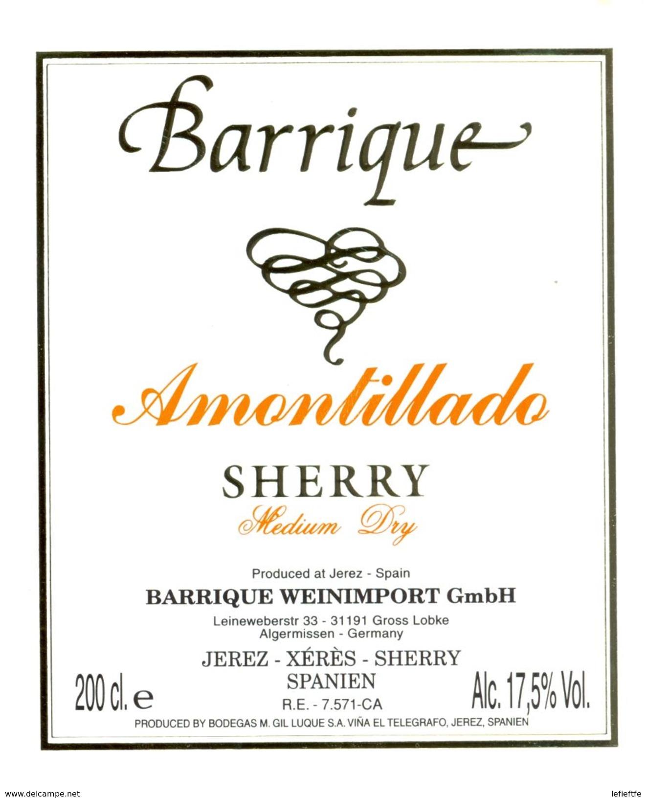 1369 - Espagne - Andalousie - Barrique - Amontillado Sherry Medium Dry - Barrique Weinimport GmbH Algermissen - Autres & Non Classés