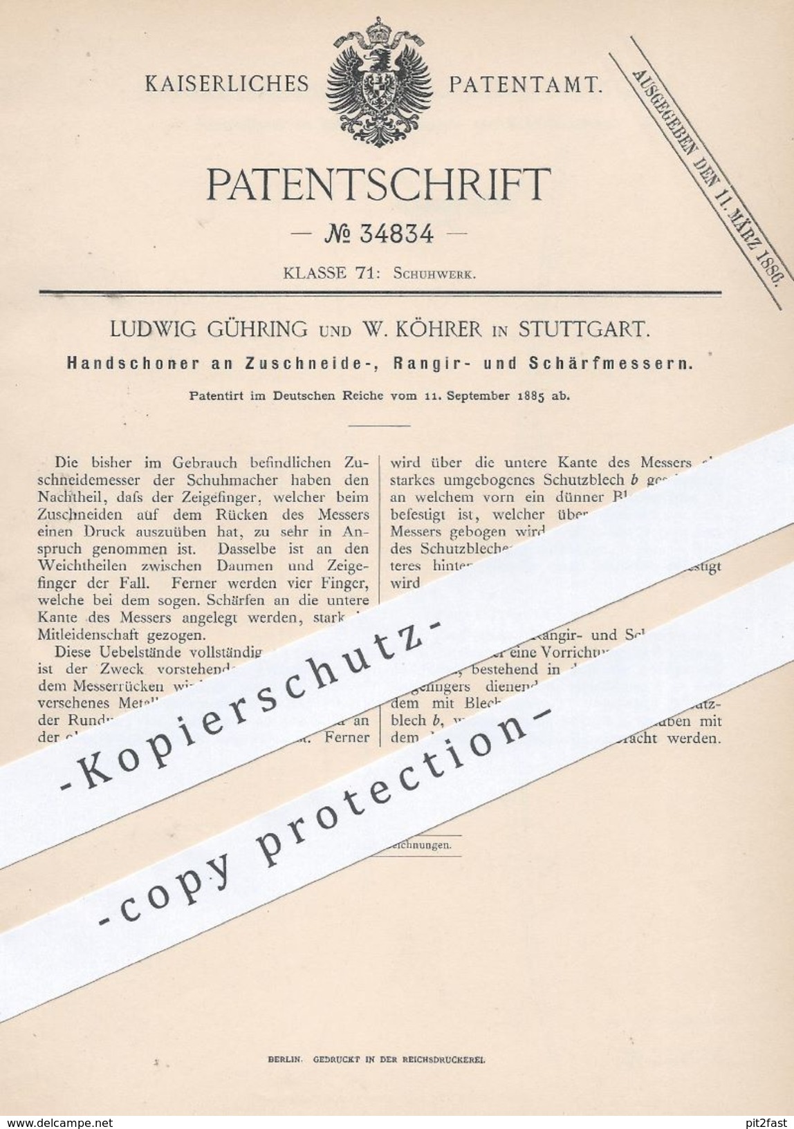 Original Patent - Ludwig Gühring , W. Köhrer , Stuttgart , 1885 , Handschoner Am Messer Für Schuster , Schuhmacher !! - Historische Documenten