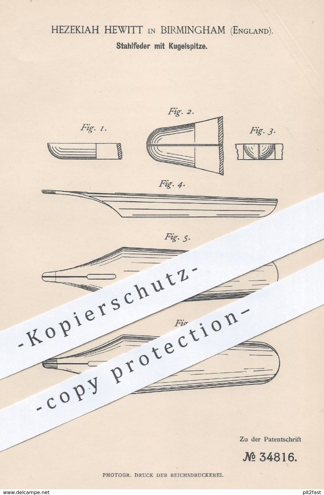 Original Patent - Hezekiah Hewitt , Birmingham , England , 1885 , Stahlfeder Mit Kugelspitze | Schreibfeder , Feder !! - Historical Documents