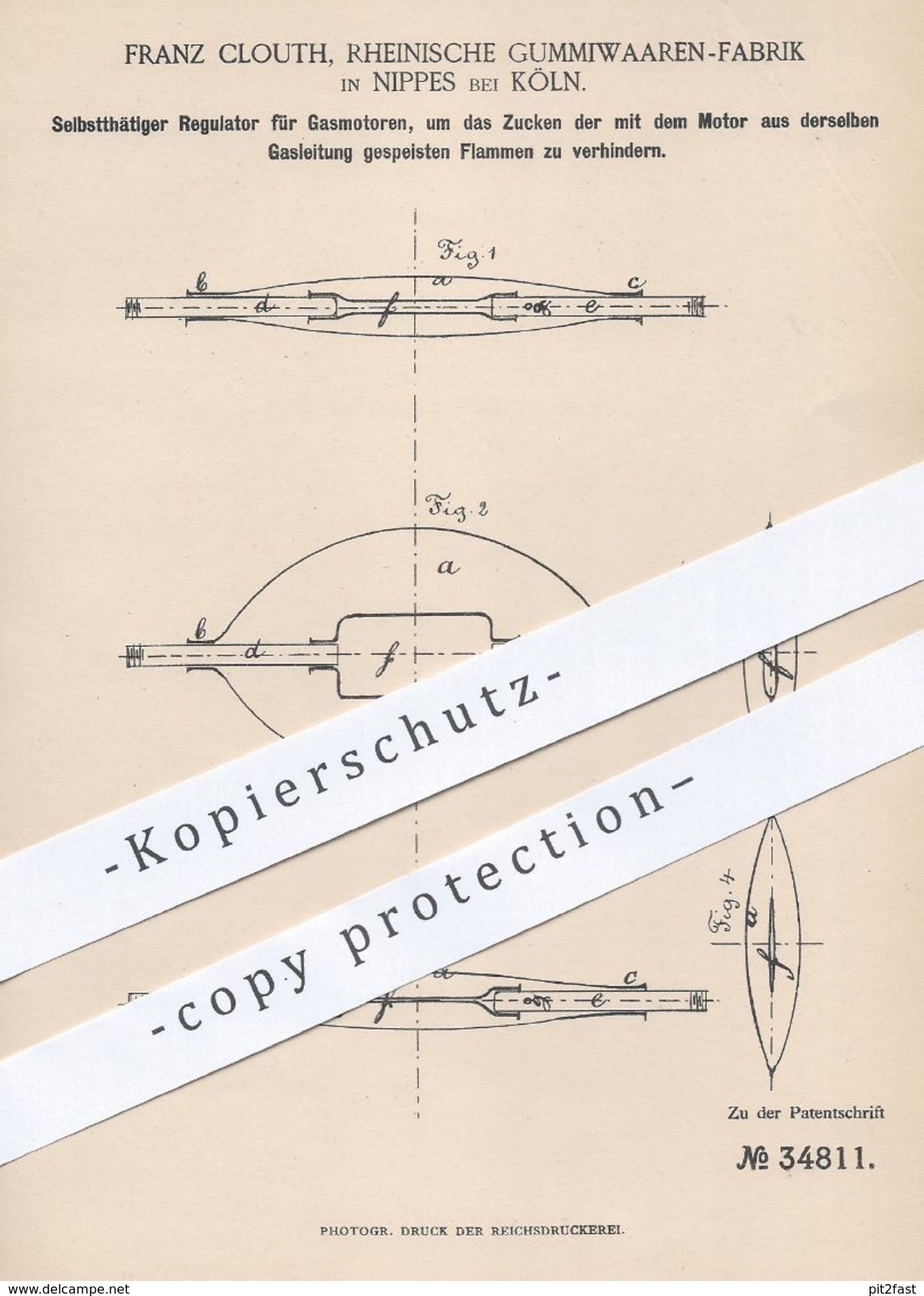 Original Patent - Franz Clouth , Rheinische Gummiwarenfabrik , Köln / Nippes , 1885 , Regulator Für Gasmotor | Gas Motor - Historical Documents