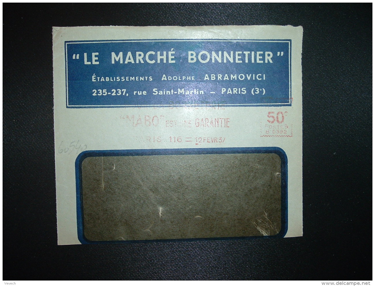 DEVANT LETTRE EMA B 0392 à 50c Du 12 FEVR 37 PARIS 116 + LE MARCHE BONNETIER + Ets ADOLPHE ABRAMOVICI - EMA (Empreintes Machines à Affranchir)