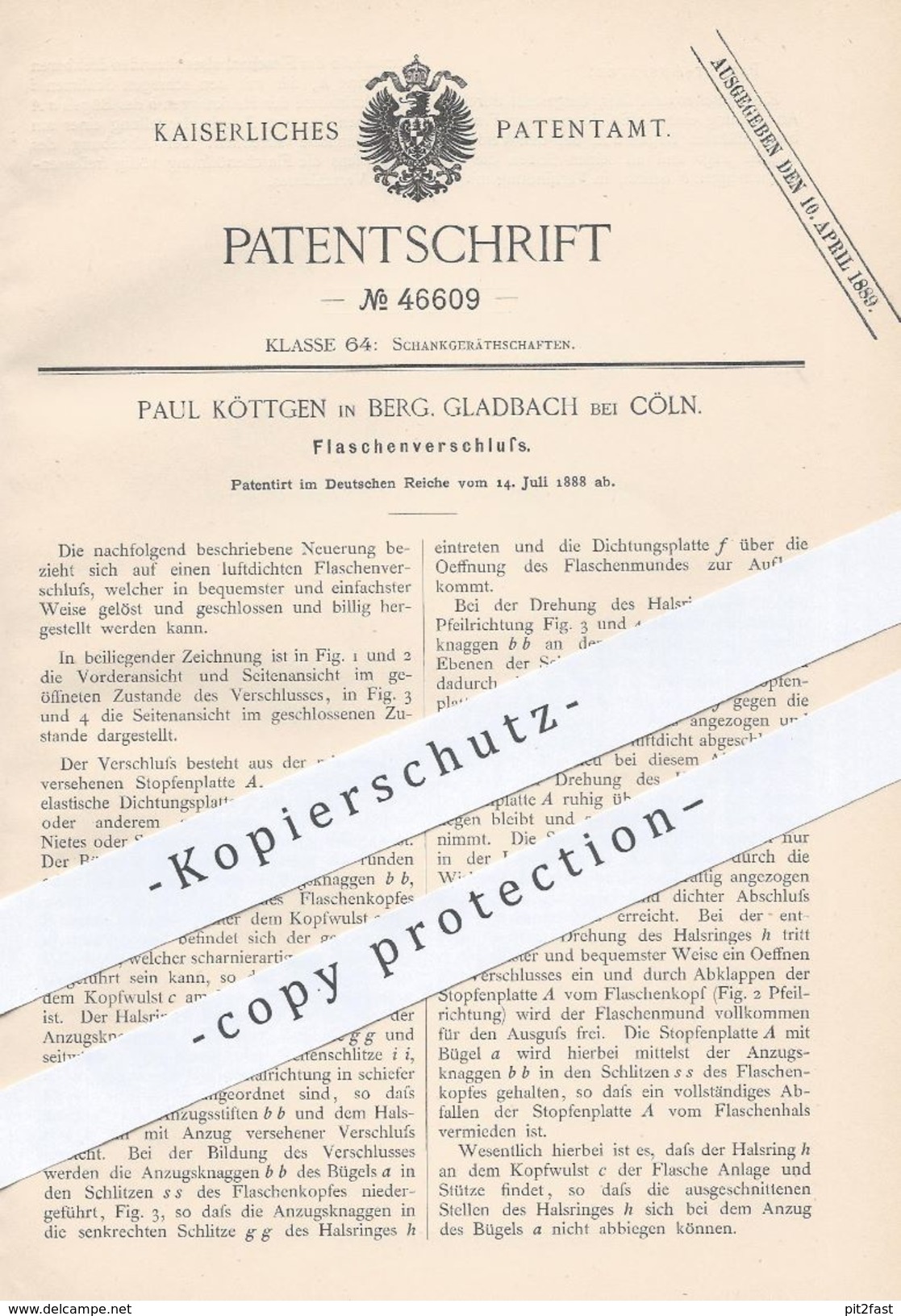 Original Patent - Paul Köttgen , Bergisch Gladbach / Köln , 1888 , Flaschenverschluss | Verschluss Für Flaschen | Glas - Historical Documents