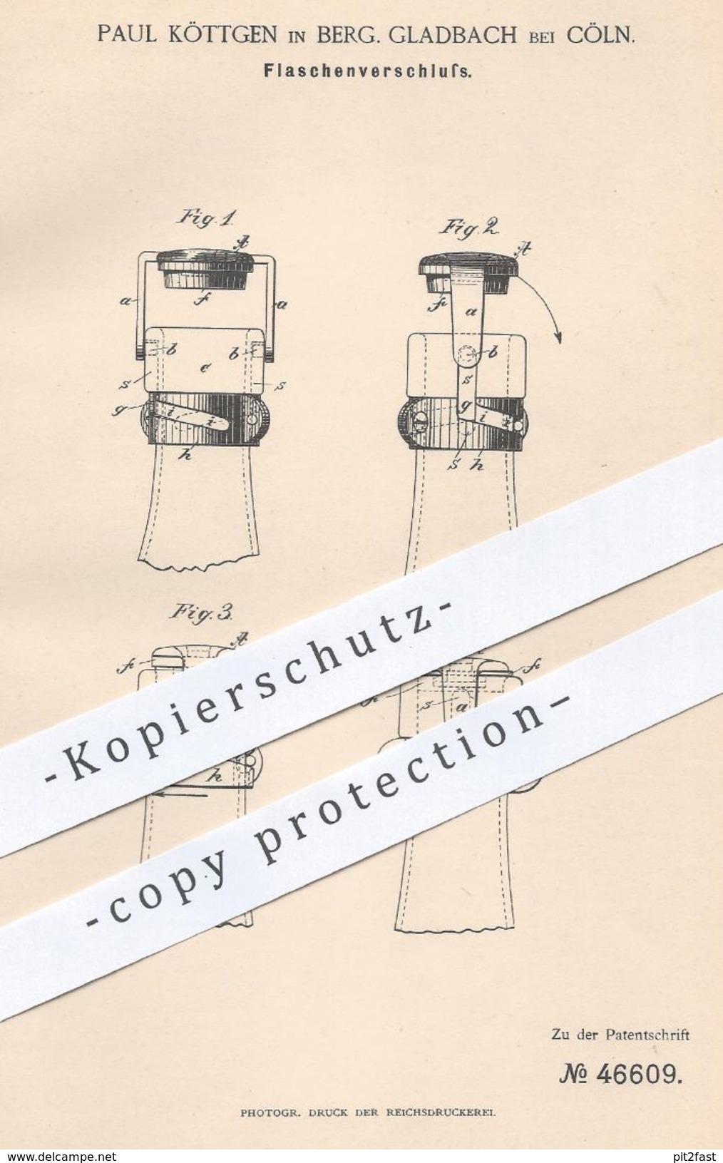 Original Patent - Paul Köttgen , Bergisch Gladbach / Köln , 1888 , Flaschenverschluss | Verschluss Für Flaschen | Glas - Historical Documents