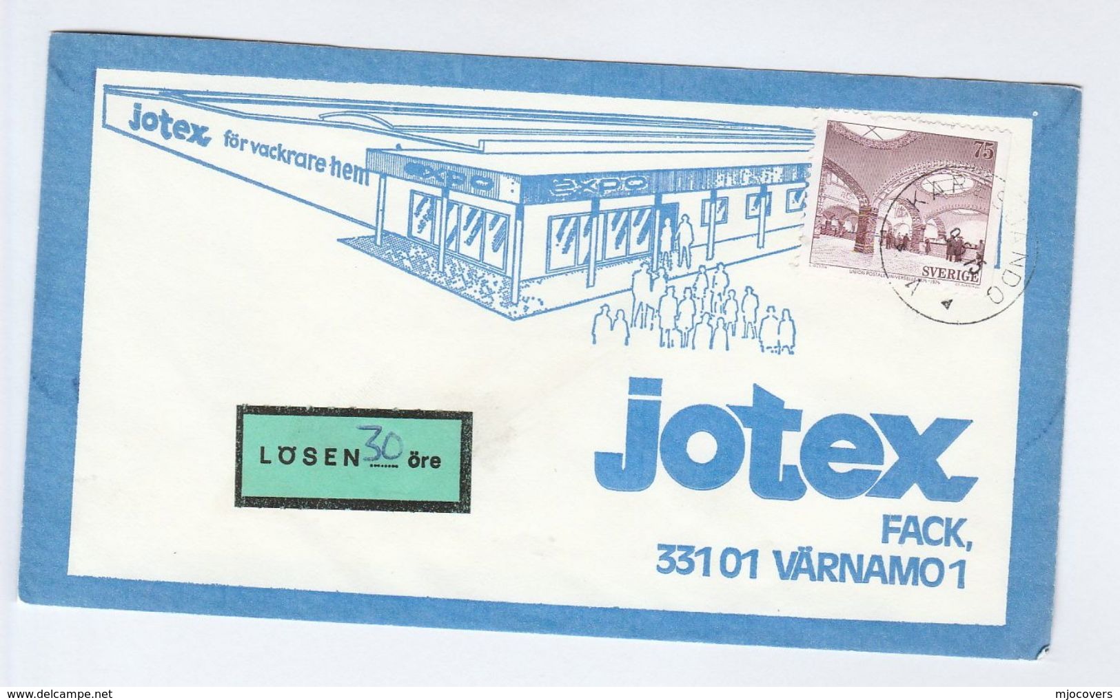 1975 LOSEN 30 Ore POST DUE LABEL On SWEDEN Illus ADVERT COVER  JOTEK For Beautiful Homes, Stamps - Covers & Documents
