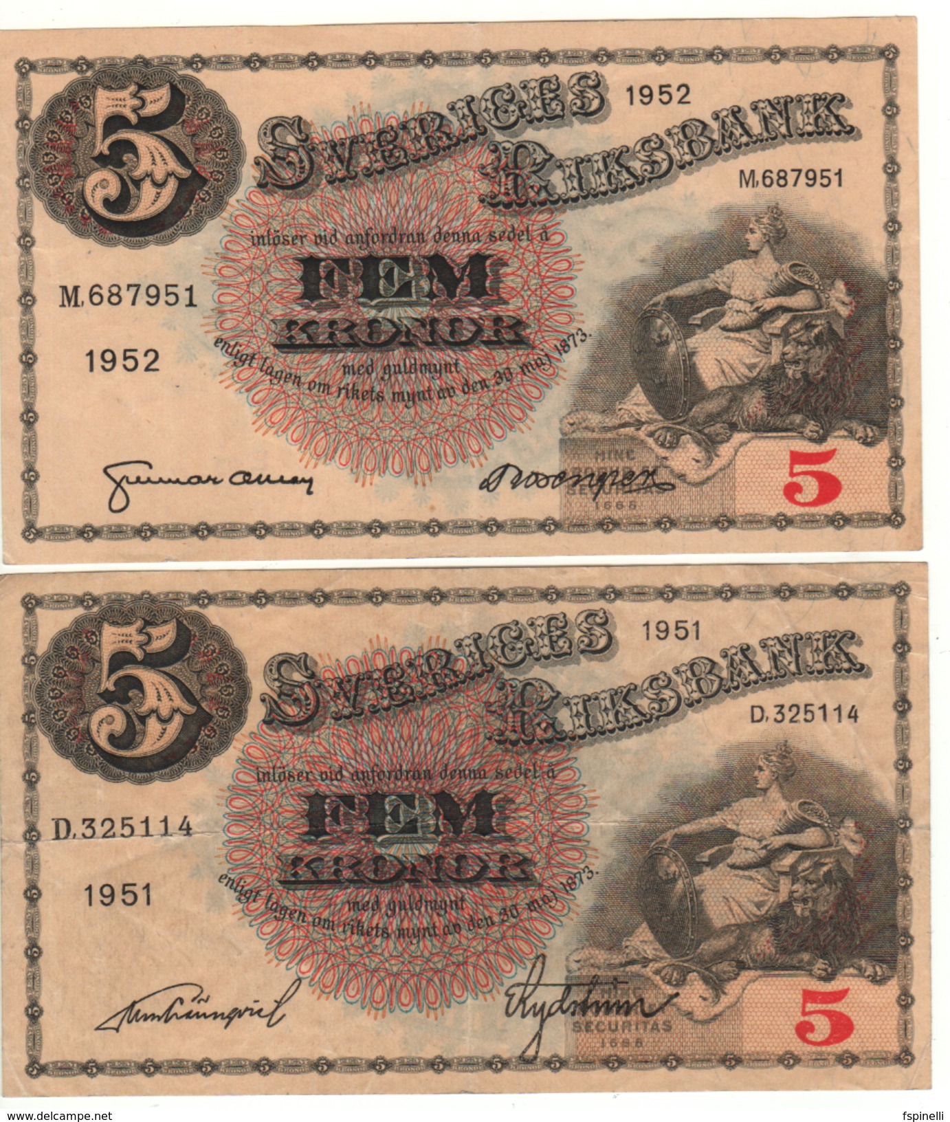 SWEDEN 5  (two)  Kronor   P33ah -ai    1951-1952  XF- AU - Suède