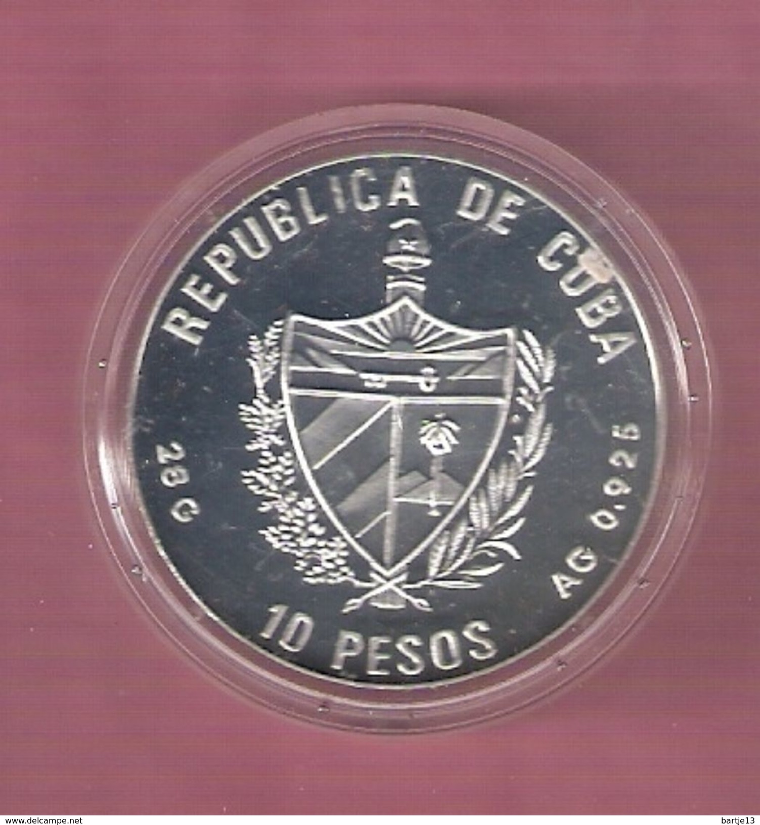 CUBA 10 PESOS 1990 SILVER PROOF OLYMPIC GAMES HORSE TURNING - SCRATCHES ONLY ON CAPSEL - Cuba