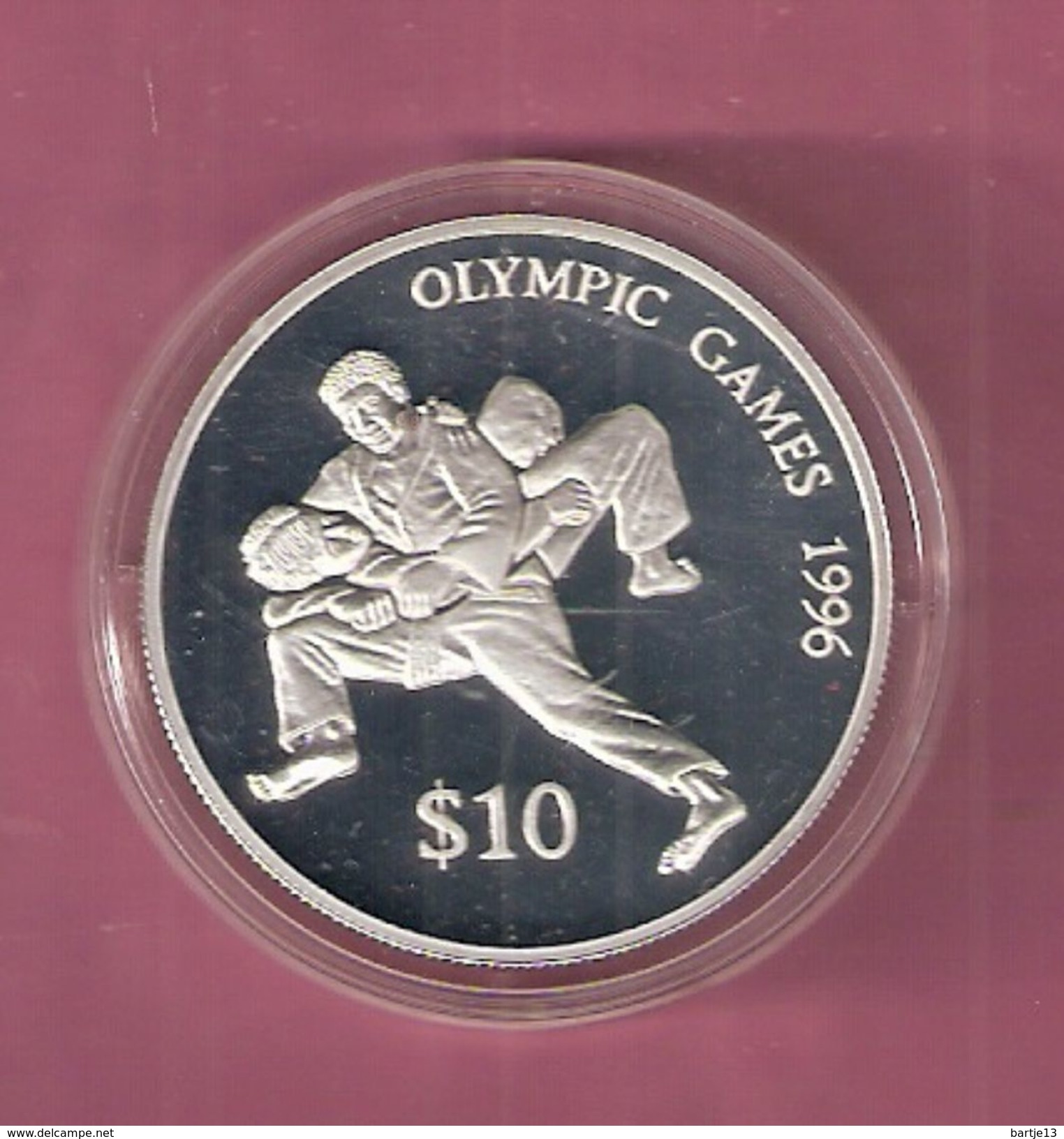 FIJI 10 DOLLARS 1993 SILVER PROOF OLYMPIC GAMES WRESTLING - SCRATCHES ONLY ON CAPSEL - Fidji