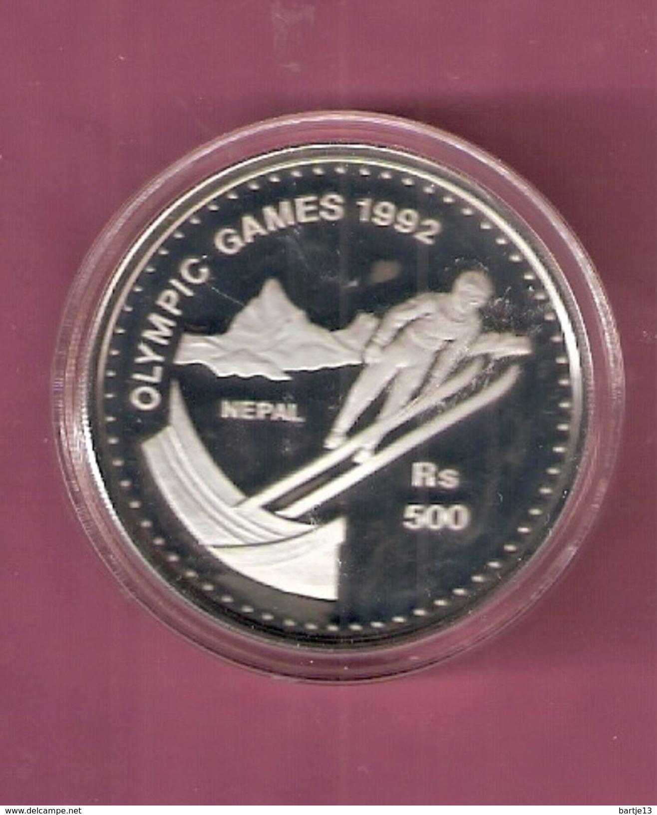 NEPAL 500 RS 1992 SILVER PROOF OLYMPIC GAMES SKIEING  - SCRATCHES ONLY ON CAPSEL - Népal