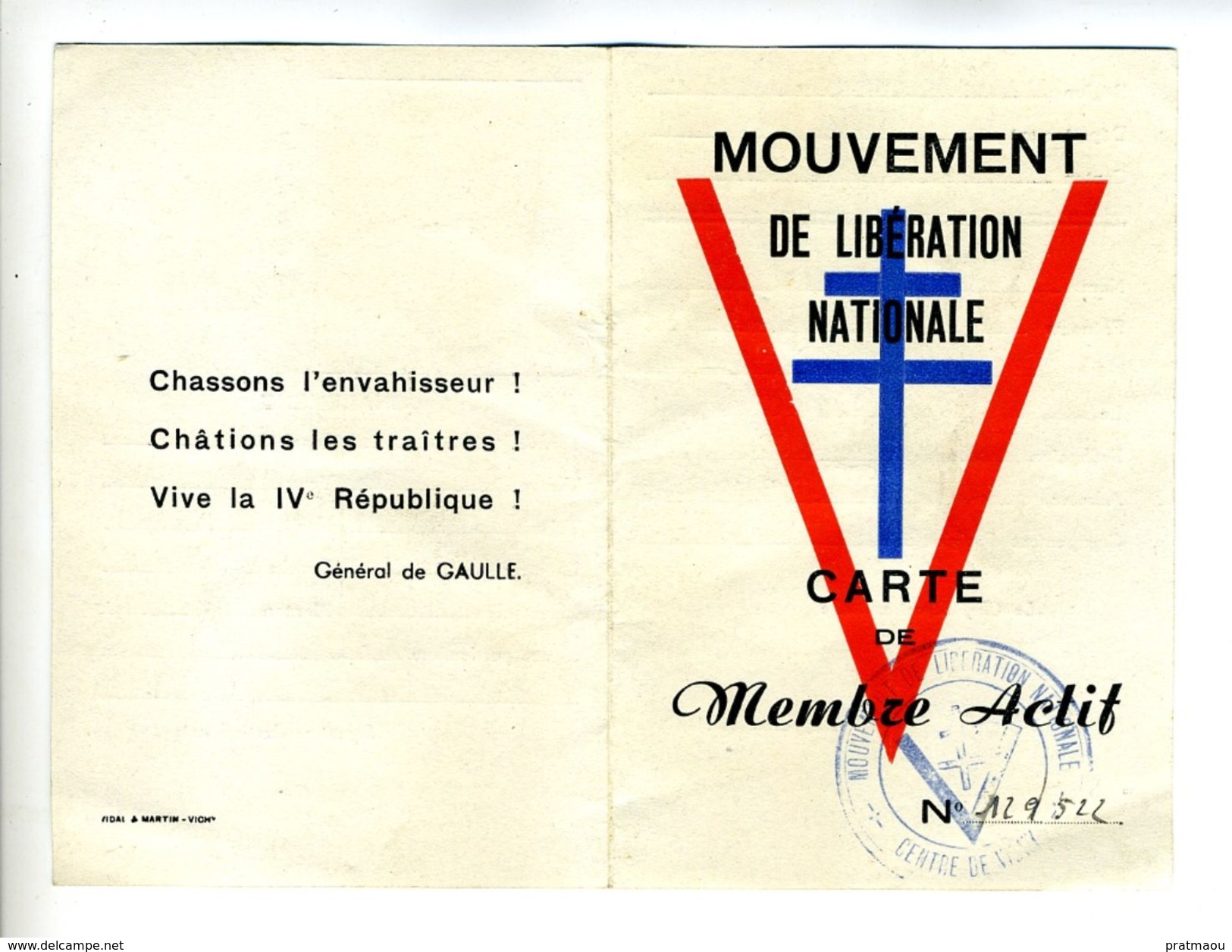 VPX1 Gannat Allier 26 Rue Notre Dame (voir Scan2),carte Membre Actif Mouvement De Libération Nationale,croix De Lorraine - Documents Historiques