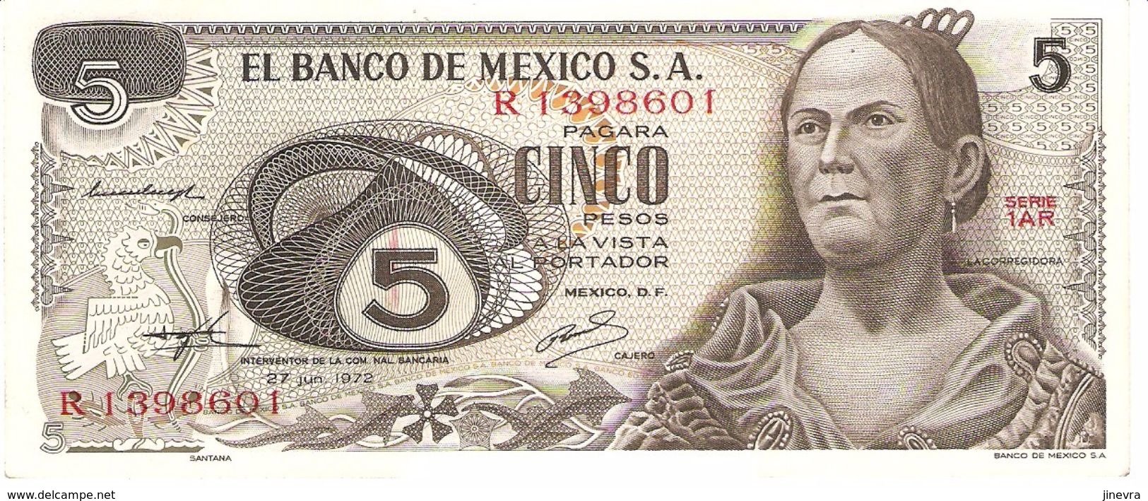 MEXICO 5 PESOS 1972 PICK 62c UNC - Mexico