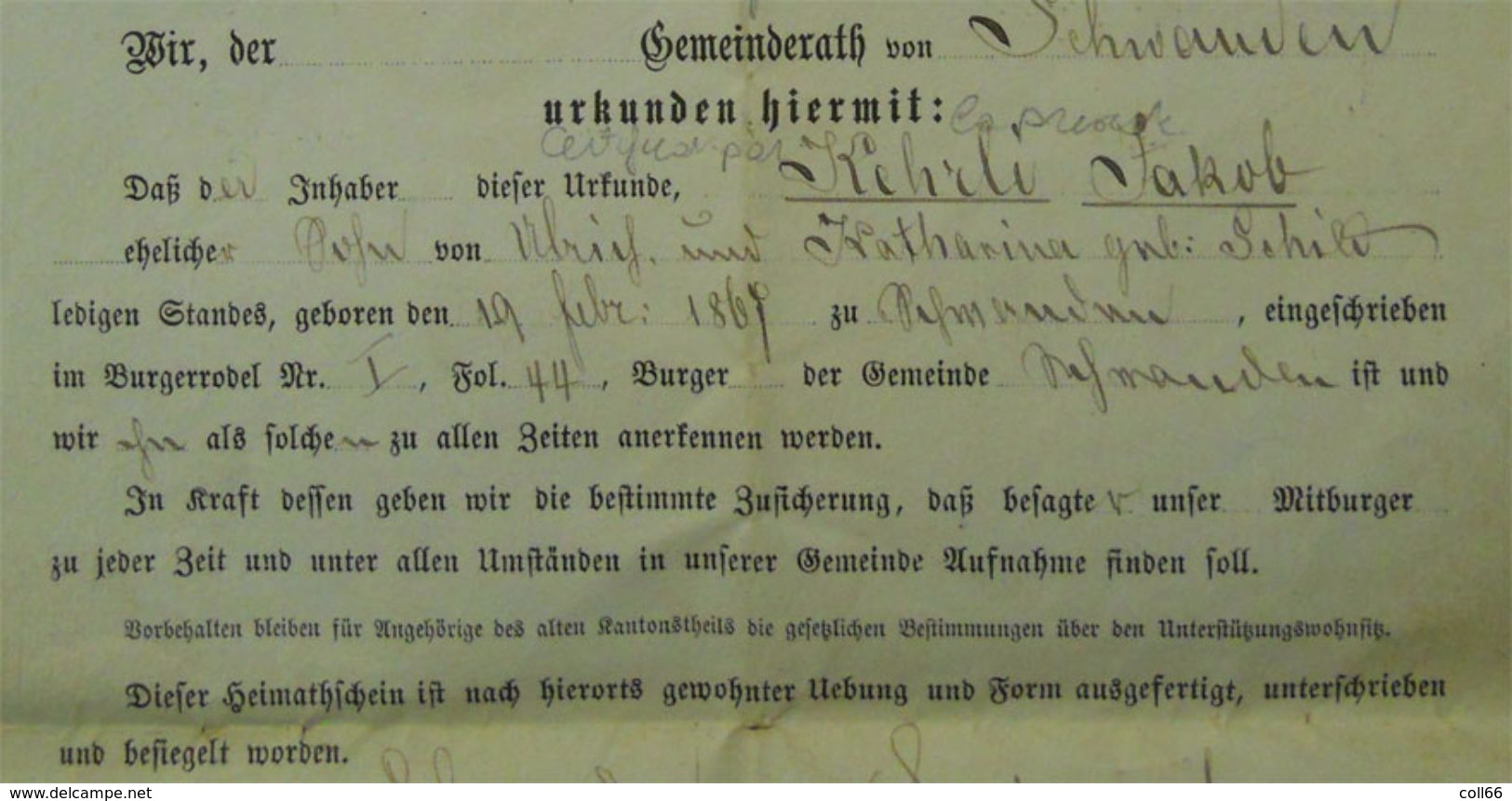 1886 Joli Document Avec Armoiries Kanton Bern Confédération Suisse Pour Le Sieur Jakob Kehrli Sur Papier Fort - Documents Historiques