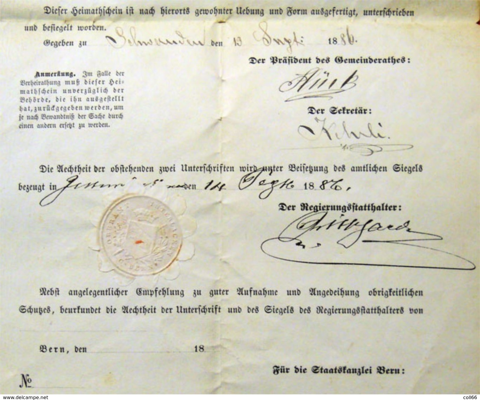 1886 Joli Document Avec Armoiries Kanton Bern Confédération Suisse Pour Le Sieur Jakob Kehrli Sur Papier Fort - Documentos Históricos