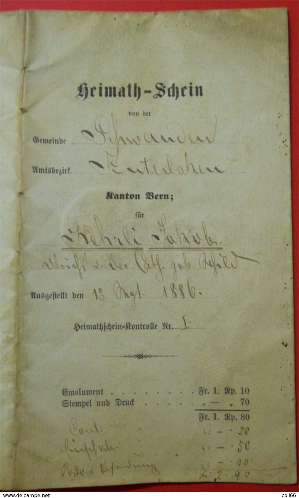 1886 Joli Document Avec Armoiries Kanton Bern Confédération Suisse Pour Le Sieur Jakob Kehrli Sur Papier Fort - Documentos Históricos