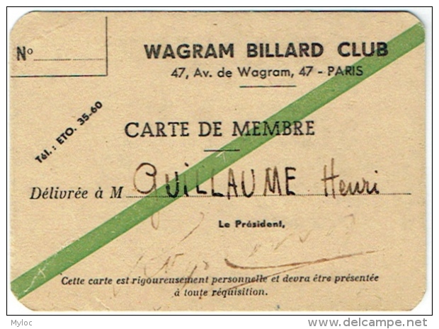 Wagram Billard Club Paris. Carte De Membre - Non Classés