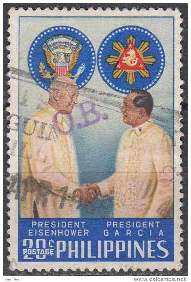 PHILIPPINES 1960 Visit Of President Eisenhower. - 20c  Presidents Eisenhower And Garcia FU MARKED "OB" - Philippines
