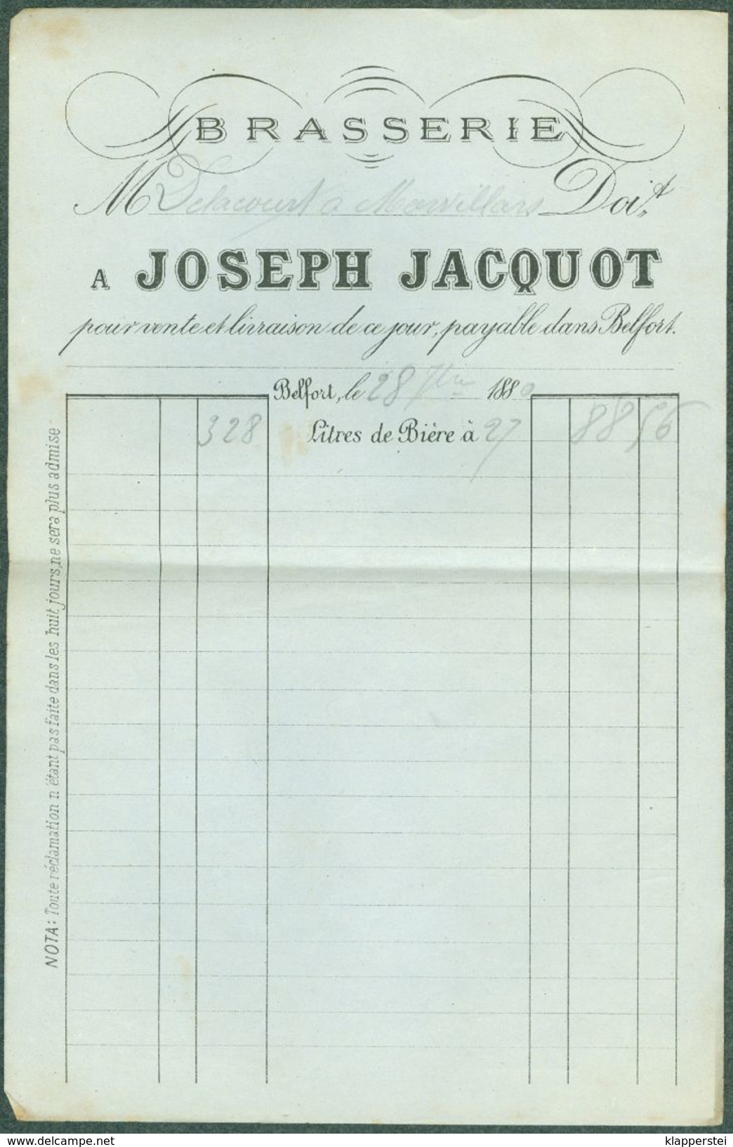 90 - Belfort 1880 Facture Brasserie Joseph Jacquot 1880, 328 Litres De Biere à Mr Delacourt à Morvillars - Factures